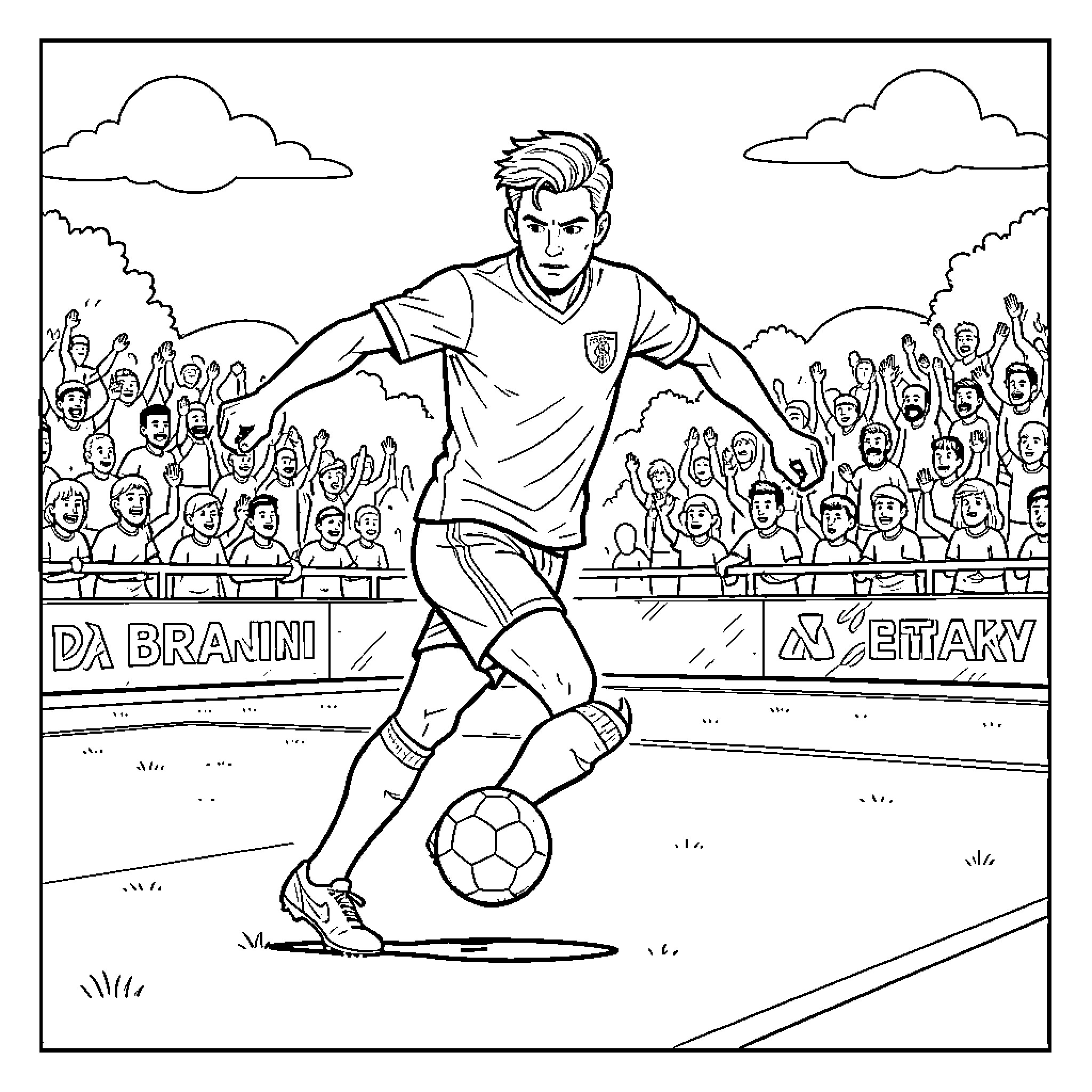 Enea Bastianini playing soccer in a crowded stadium Coloring Page (free black-and-white line drawing printable PDF for all, from beginners to advanced learners, including children, teens, adults, and seniors)