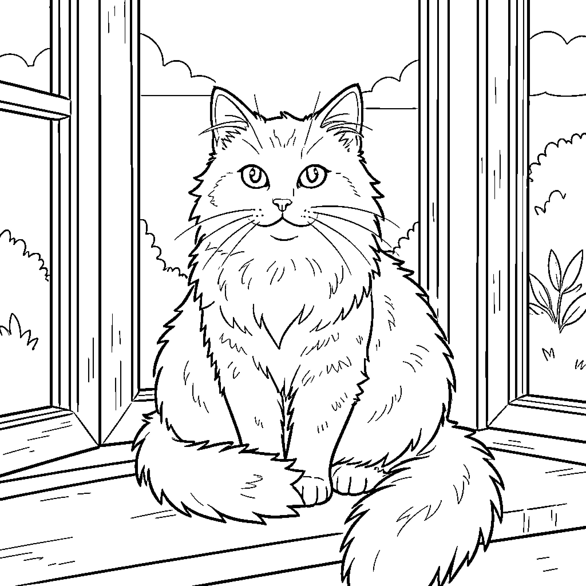 Cat gazing through a window at the outdoors Coloring Page (free black-and-white line drawing printable PDF for all, from beginners to advanced learners, including children, teens, adults, and seniors)