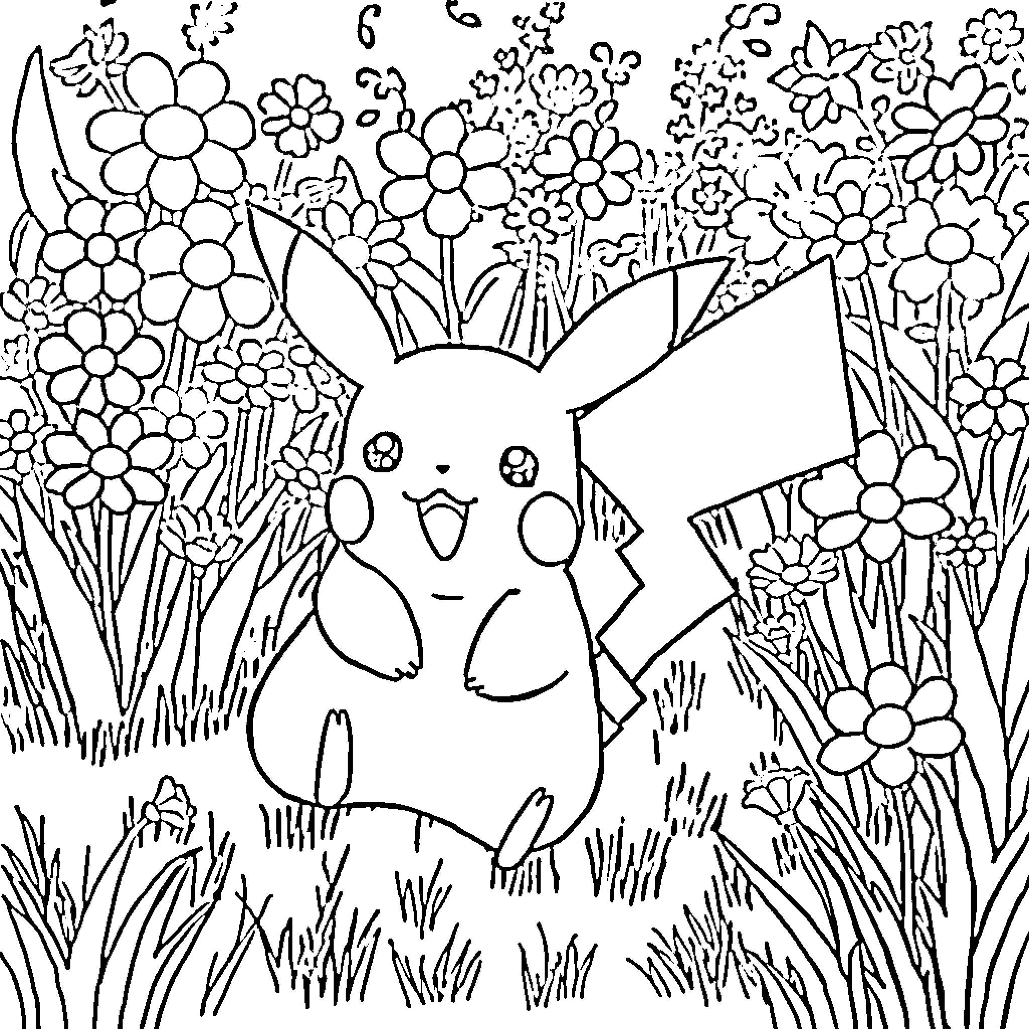 Pikachu exploring a floral wonderland Coloring Page (free black-and-white line drawing printable PDF for all, from beginners to advanced learners, including children, teens, adults, and seniors)