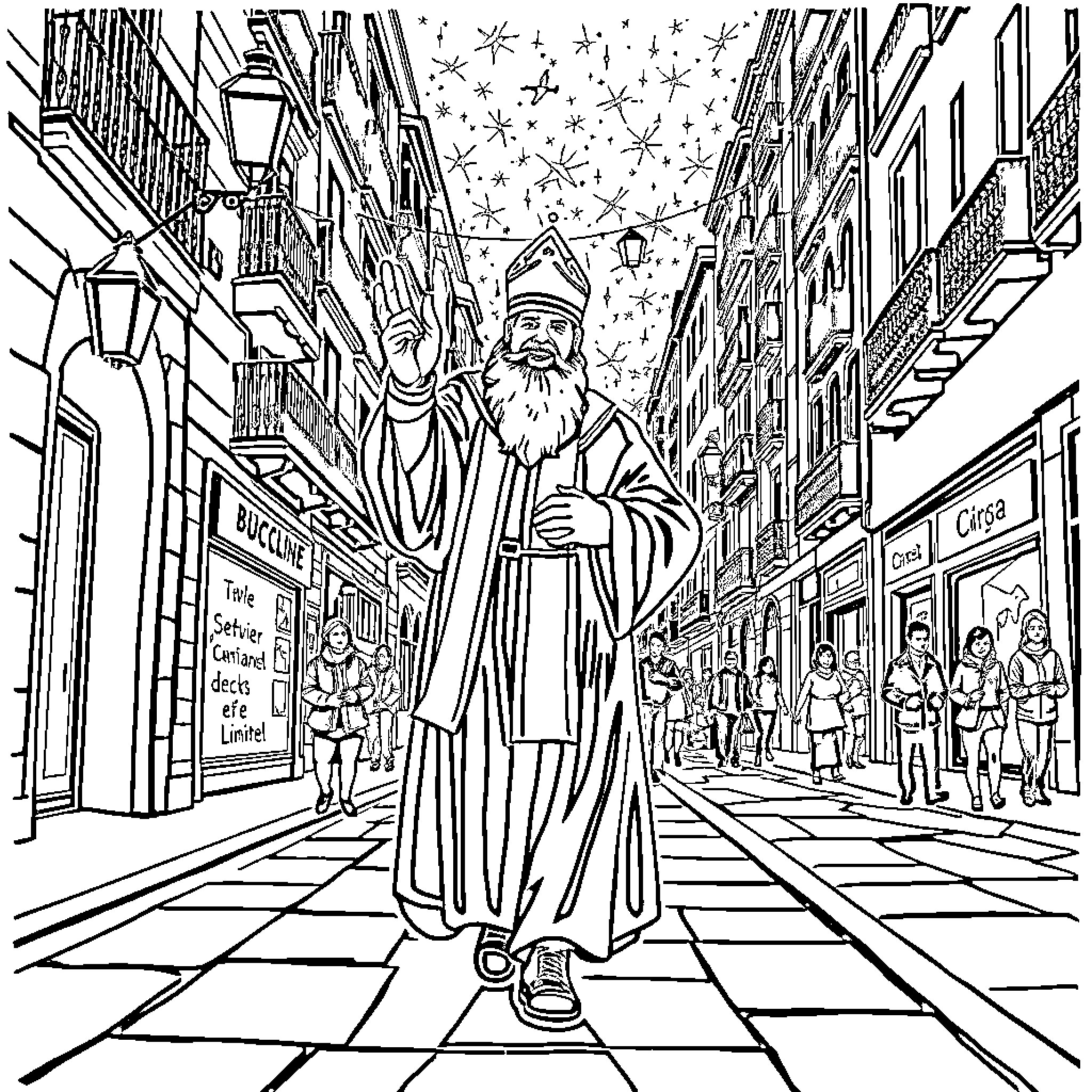 Santa Claus walking down a busy city street Coloring Page (free black-and-white line drawing printable PDF for all, from beginners to advanced learners, including children, teens, adults, and seniors)