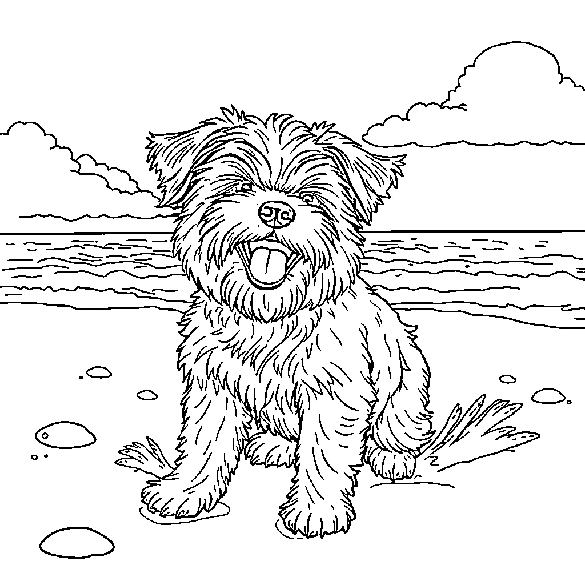 Bichon playing joyfully on the beach Coloring Page (free black-and-white line drawing printable PDF for all, from beginners to advanced learners, including children, teens, adults, and seniors)