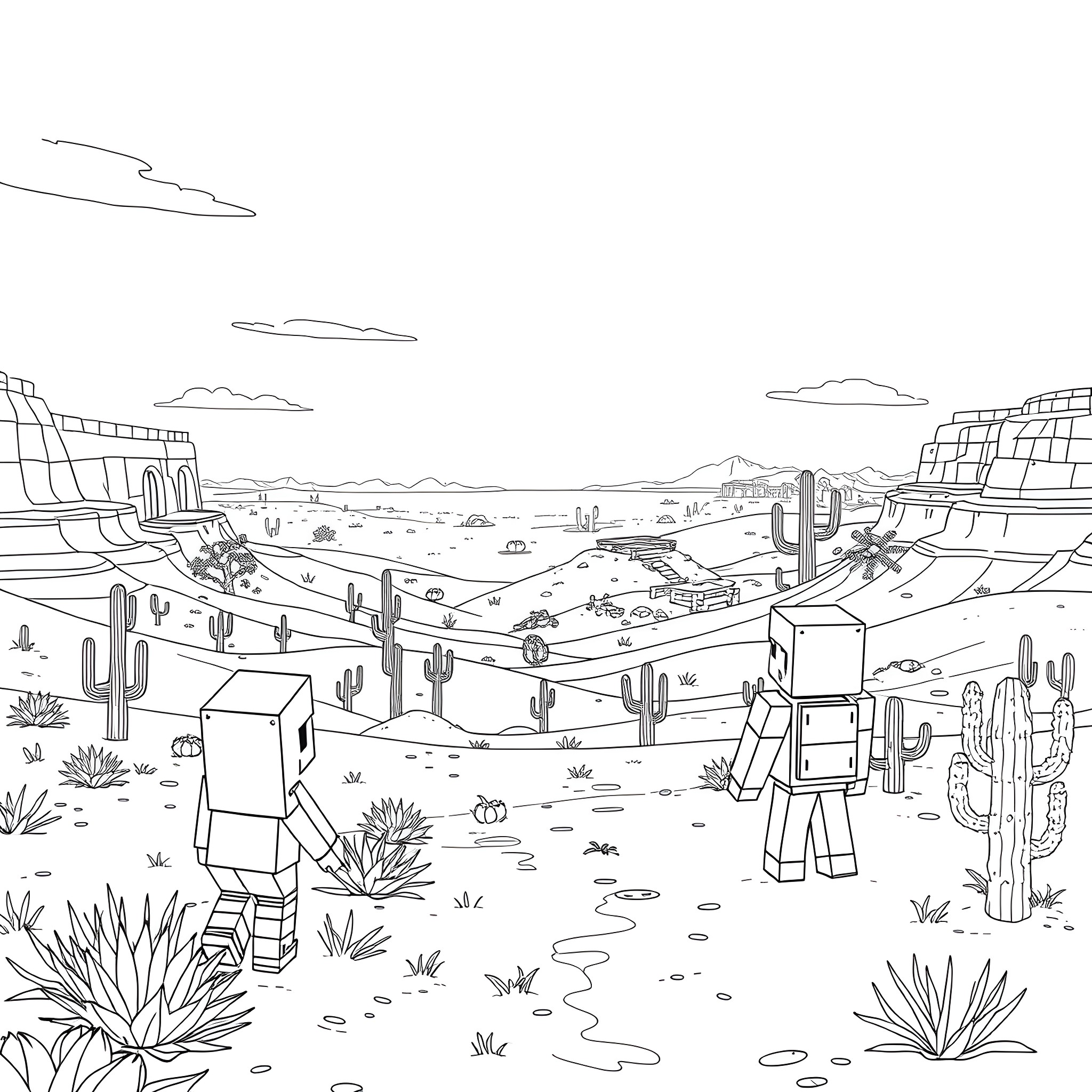 Minecraft Characters Exploring a Desert Landscape Coloring Page (free black-and-white line drawing printable PDF for all, from beginners to advanced learners, including children, teens, adults, and seniors)
