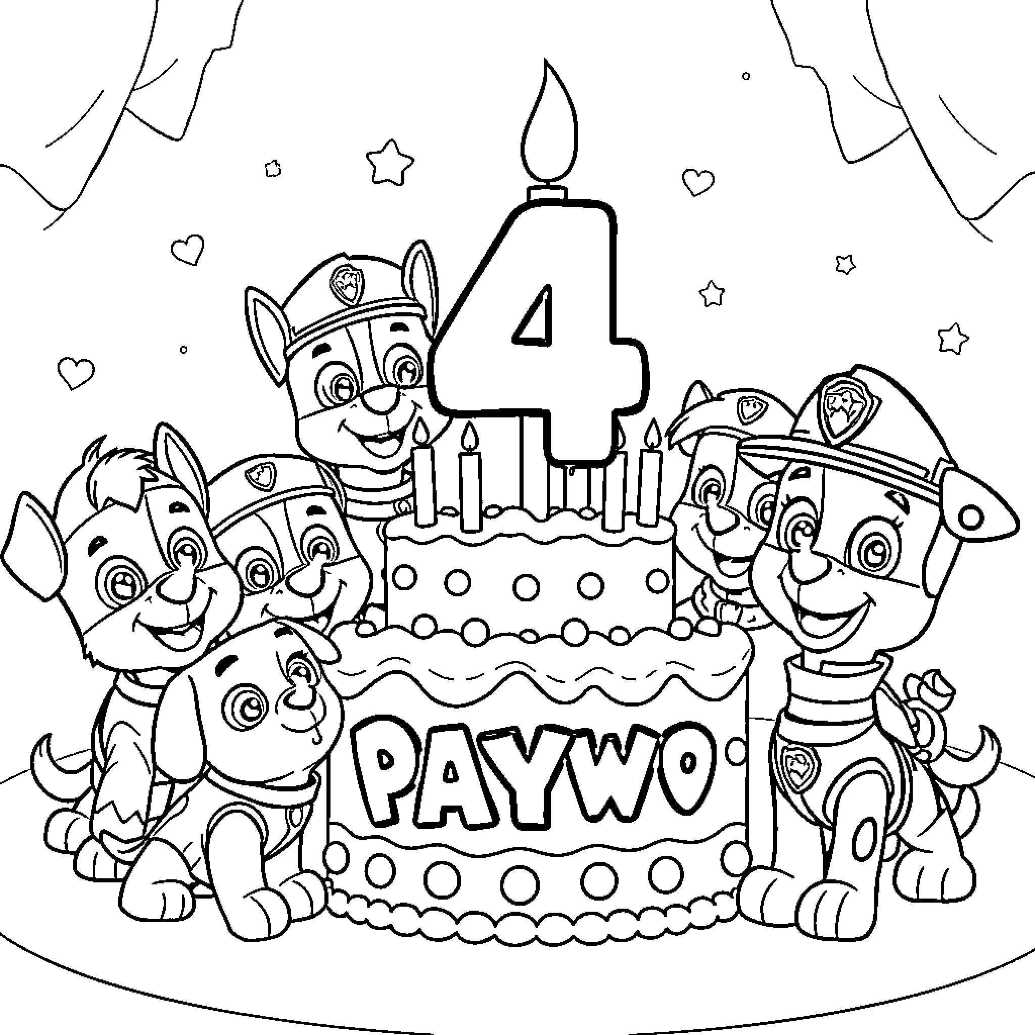 Paw Patrol Celebrates 4th Birthday with Cake and Pups Coloring Page (free black-and-white line drawing printable PDF for all, from beginners to advanced learners, including children, teens, adults, and seniors)