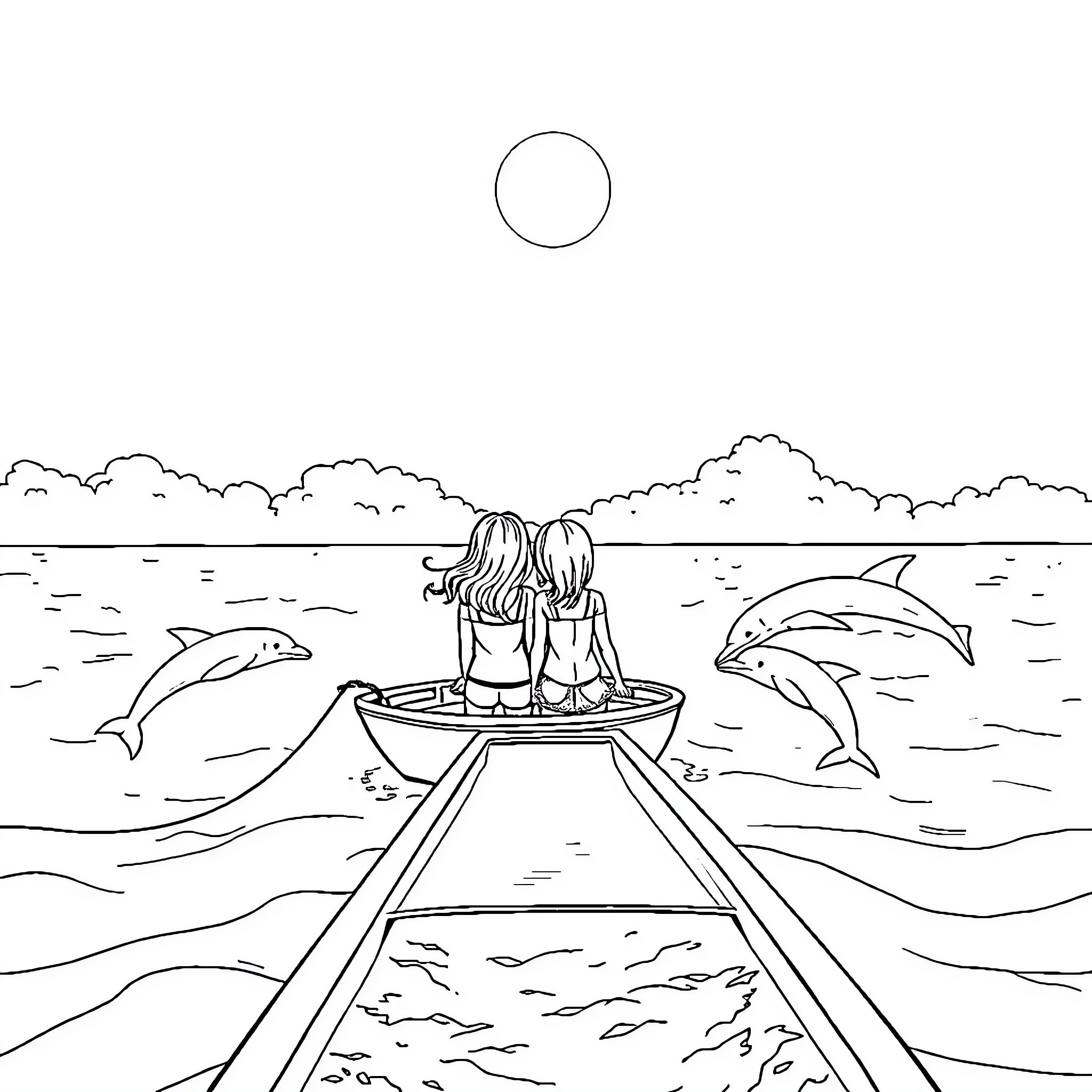 Girls watching dolphins in the ocean Coloring Page (free black-and-white line drawing printable PDF for all, from beginners to advanced learners, including children, teens, adults, and seniors)