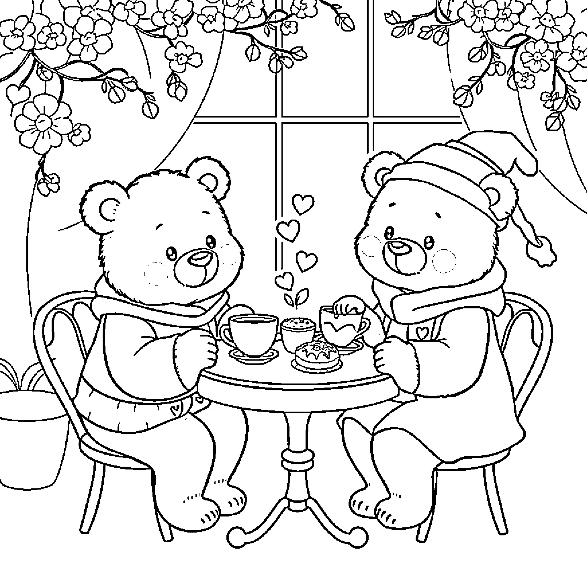 Bear friends enjoying a cozy tea party Coloring Page (free black-and-white line drawing printable PDF for all, from beginners to advanced learners, including children, teens, adults, and seniors)