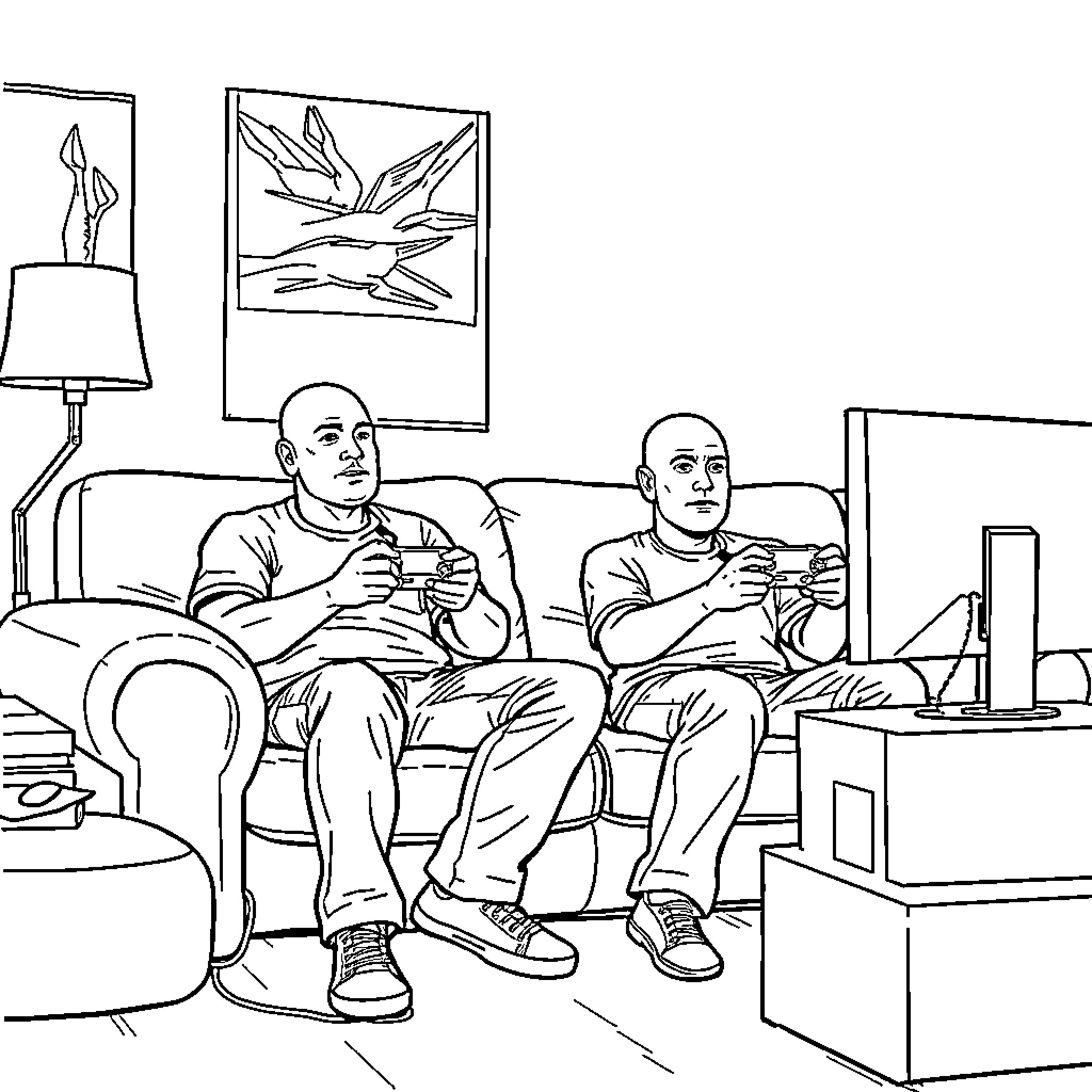 Guy friends playing video games together at home Coloring Page (free black-and-white line drawing printable PDF for all, from beginners to advanced learners, including children, teens, adults, and seniors)