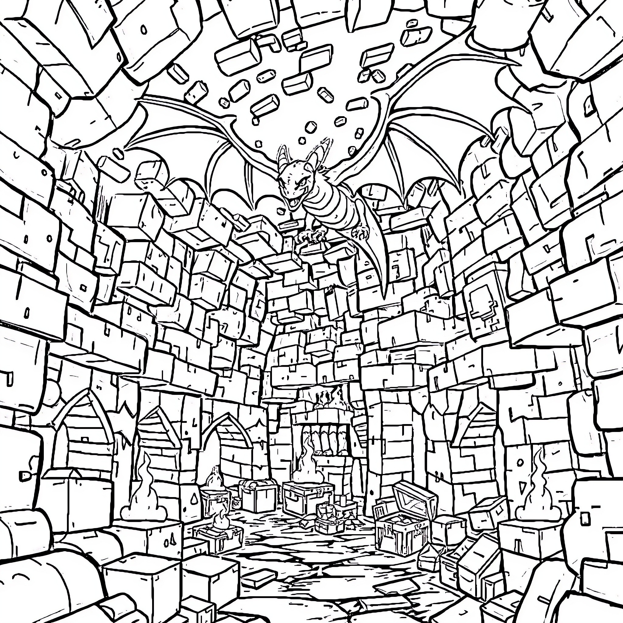 Ender Dragon Unleashing Chaos in a Pixelated World Coloring Page (free black-and-white line drawing printable PDF for all, from beginners to advanced learners, including children, teens, adults, and seniors)