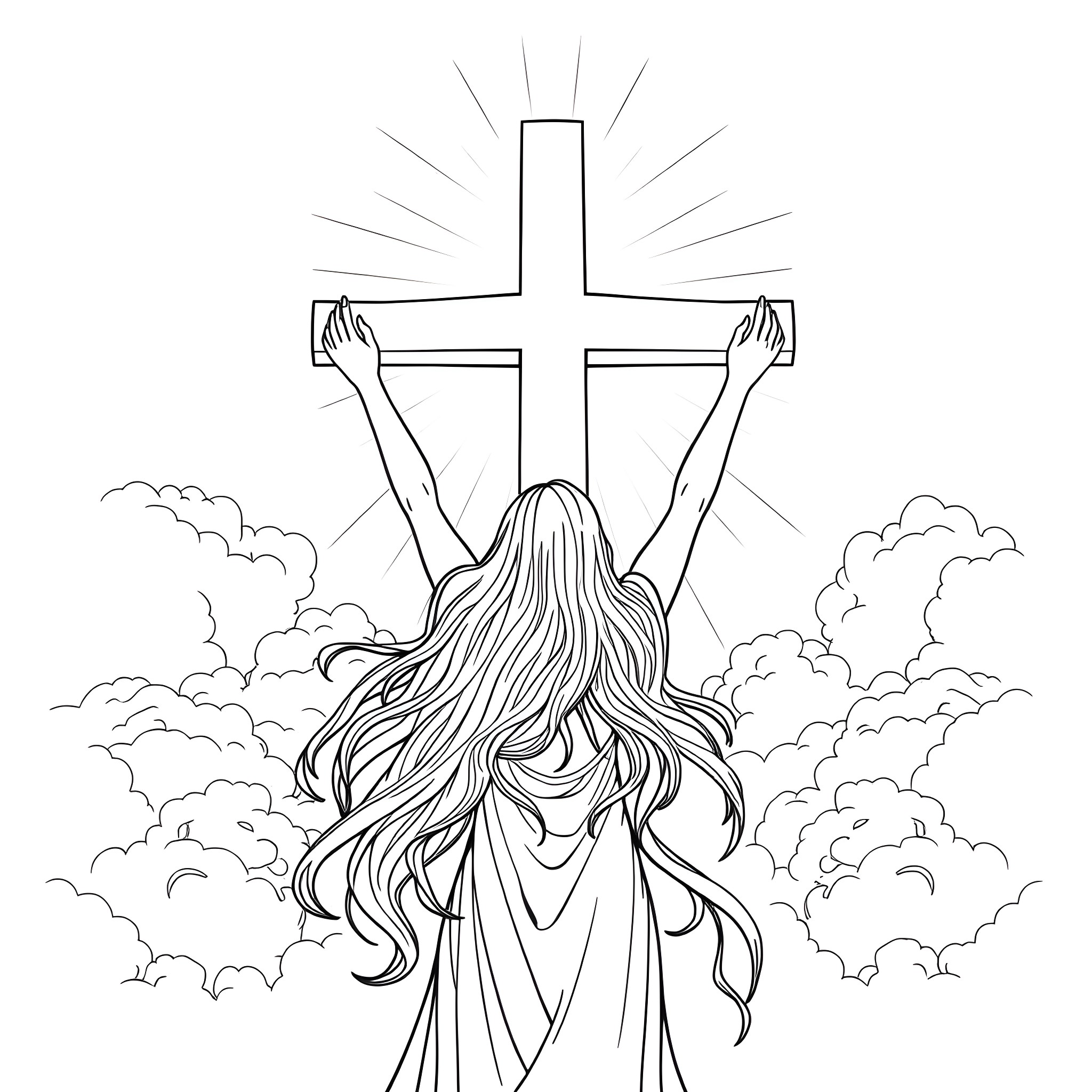 Woman worshipping the cross with arms raised Coloring Page (free black-and-white line drawing printable PDF for all, from beginners to advanced learners, including children, teens, adults, and seniors)