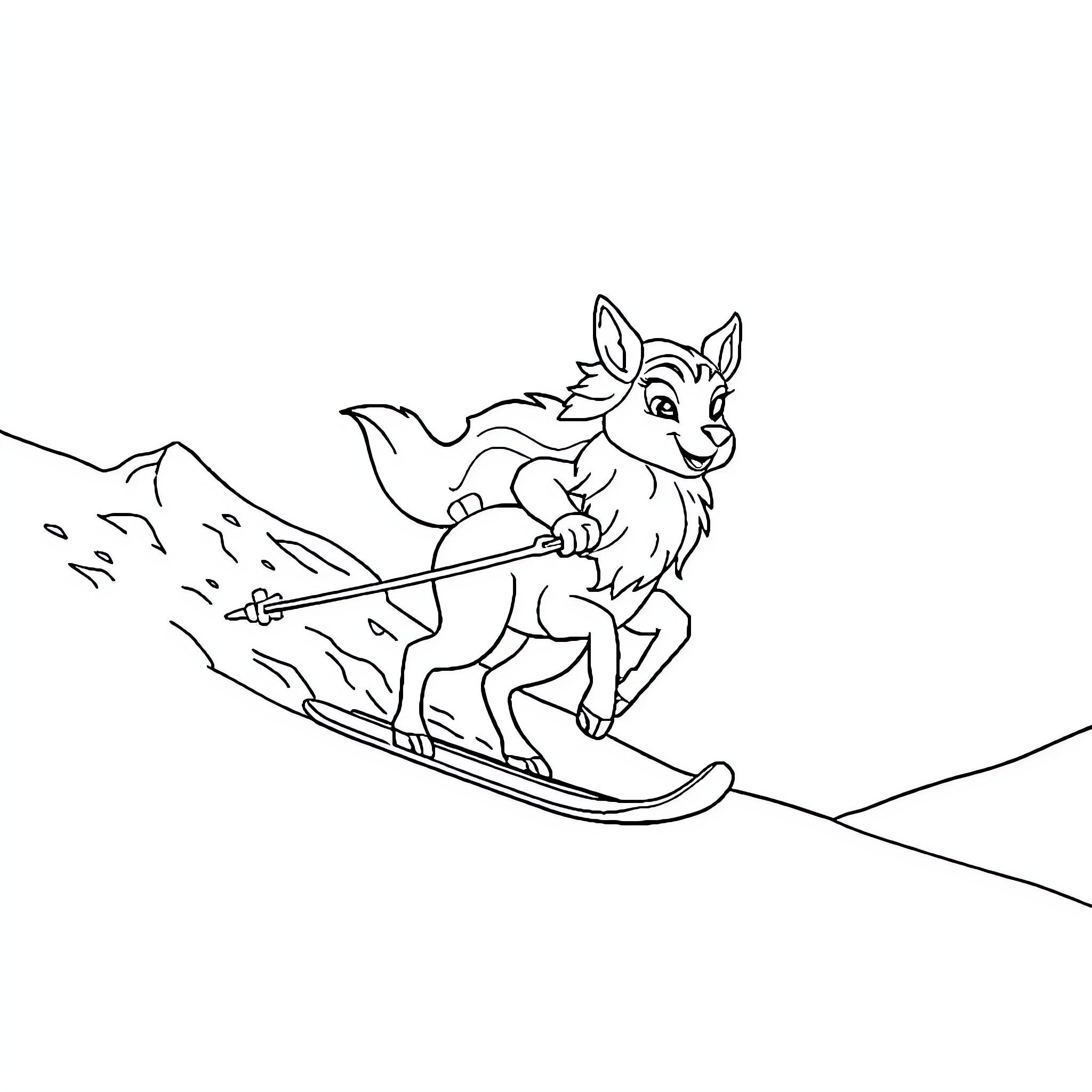 Snow Queen riding on a sled in the mountains Coloring Page (free black-and-white line drawing printable PDF for all, from beginners to advanced learners, including children, teens, adults, and seniors)