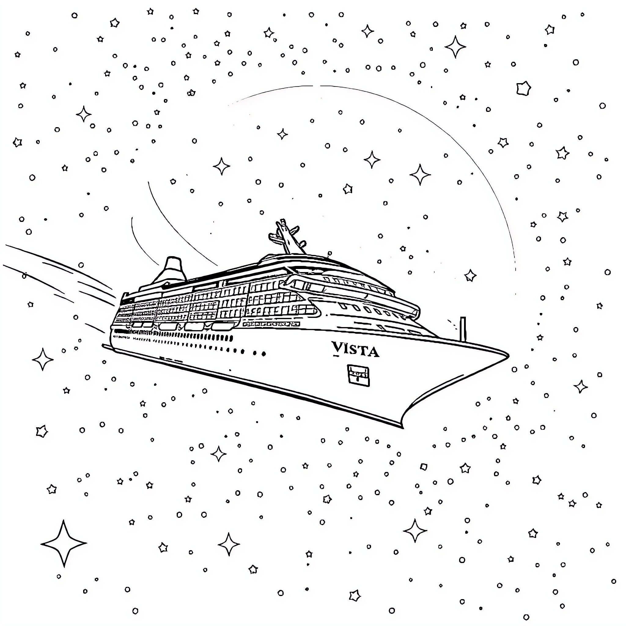 Carnival Vista: Cruise ship sailing amidst the stars Coloring Page (free black-and-white line drawing printable PDF for all, from beginners to advanced learners, including children, teens, adults, and seniors)