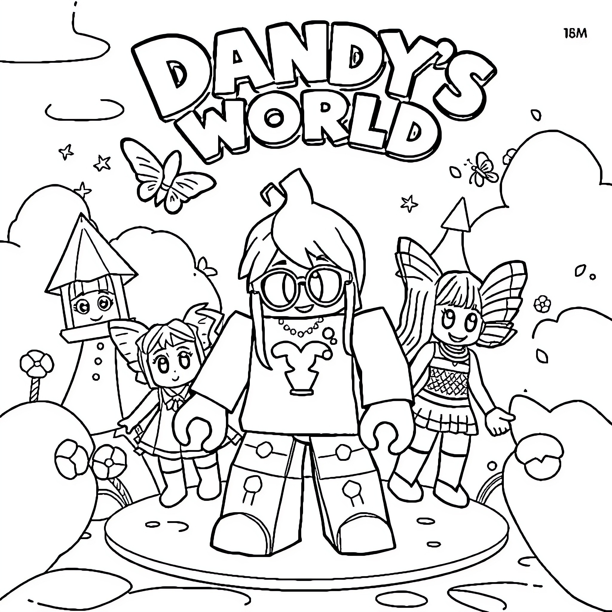 Roblox characters in whimsical fantasy world Coloring Page (free black-and-white line drawing printable PDF for all, from beginners to advanced learners, including children, teens, adults, and seniors)