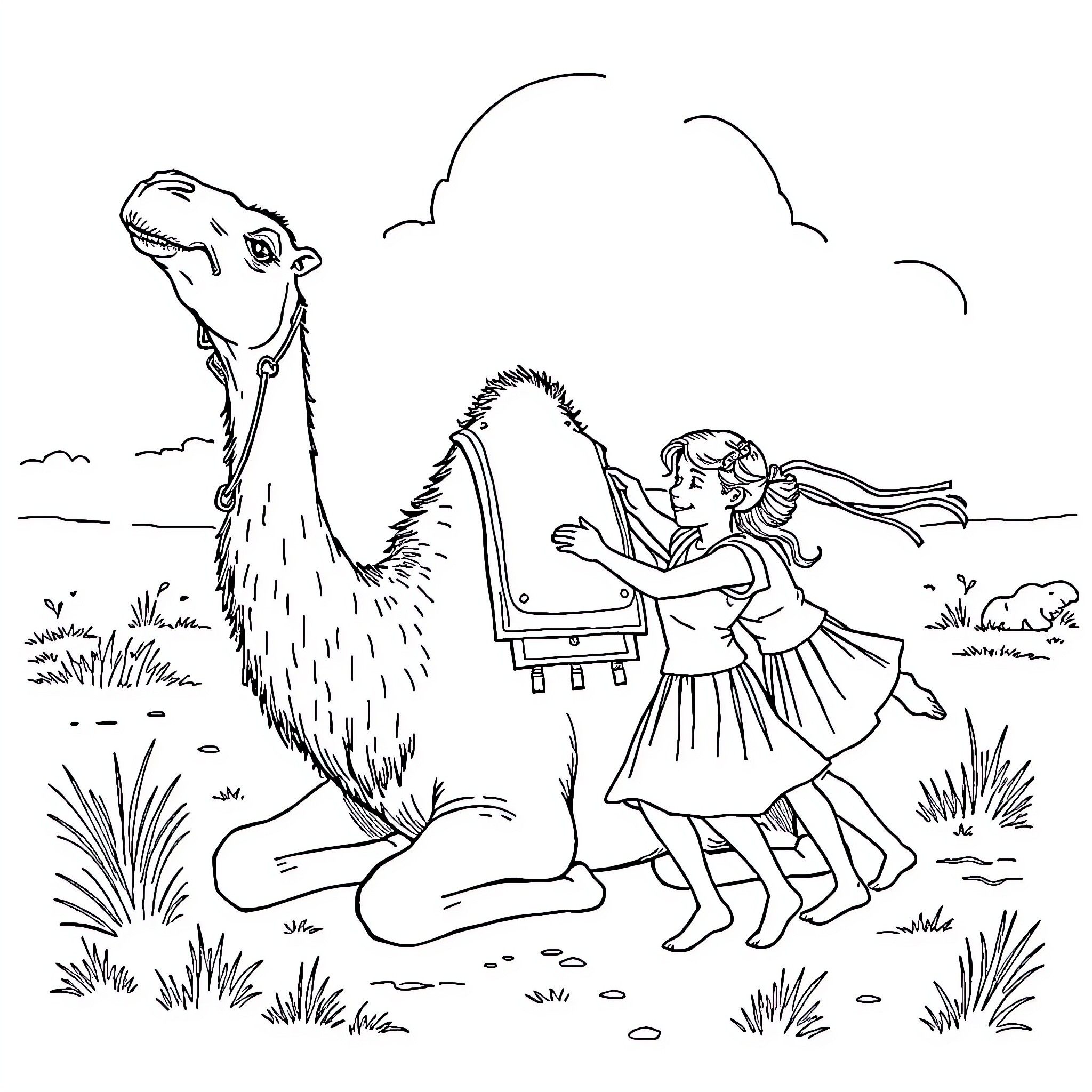 Camel and girl in outdoor scene Coloring Page (free black-and-white line drawing printable PDF for all, from beginners to advanced learners, including children, teens, adults, and seniors)
