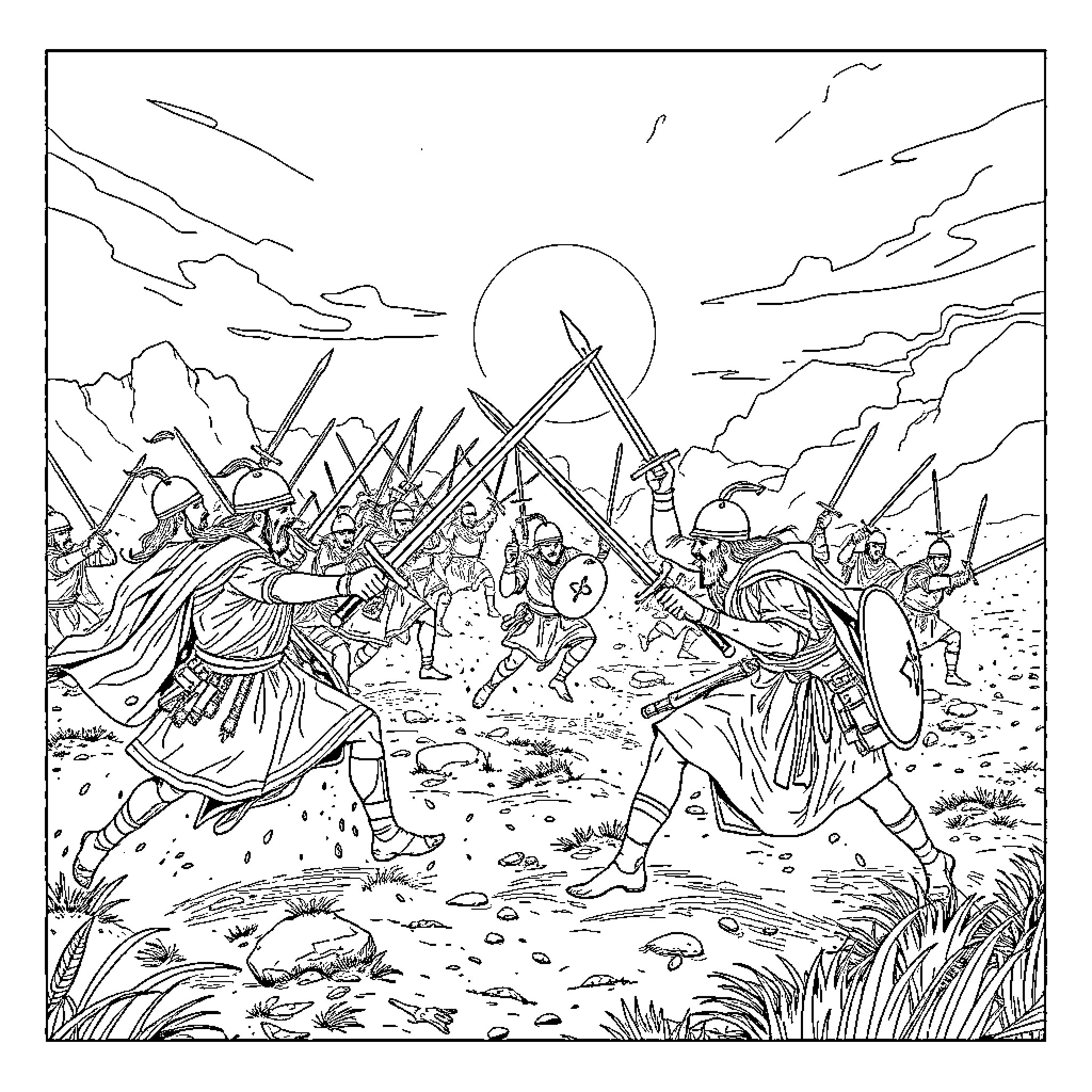 Book of Valiant Warriors Clashing in Battle Coloring Page (free black-and-white line drawing printable PDF for all, from beginners to advanced learners, including children, teens, adults, and seniors)