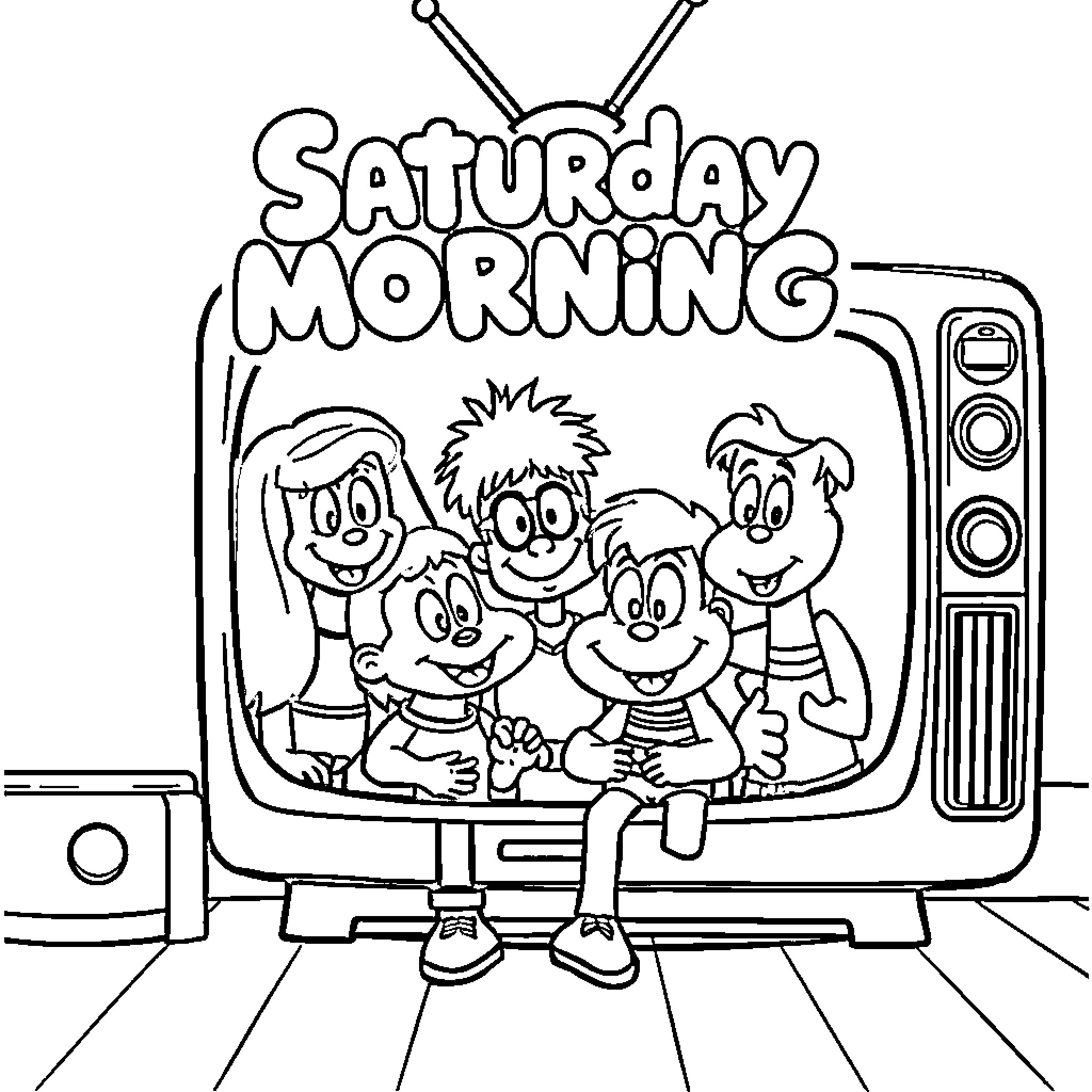 Cartoon characters watching Saturday morning TV Coloring Page (free black-and-white line drawing printable PDF for all, from beginners to advanced learners, including children, teens, adults, and seniors)