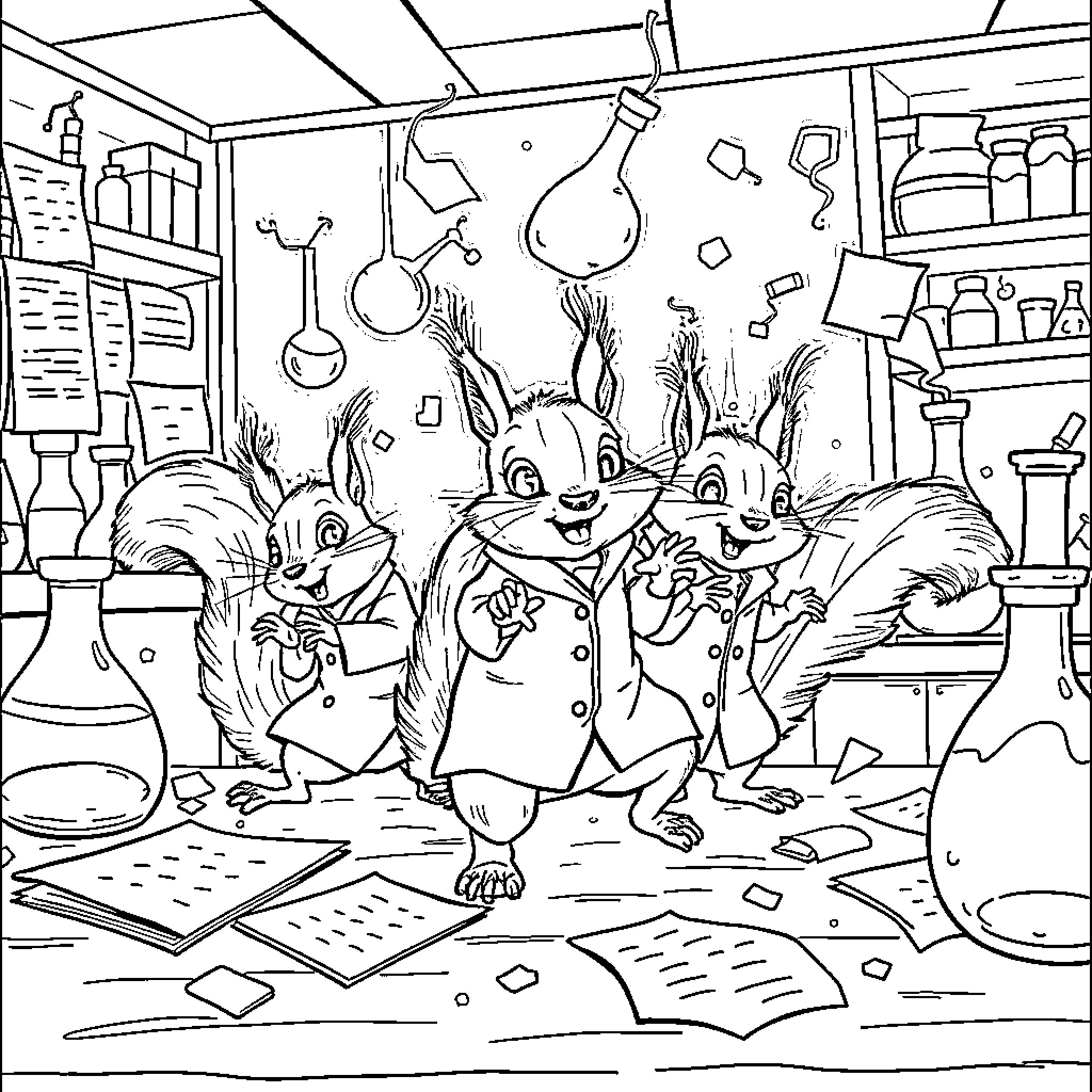 Squirrel scientists in a messy lab Coloring Page (free black-and-white line drawing printable PDF for all, from beginners to advanced learners, including children, teens, adults, and seniors)
