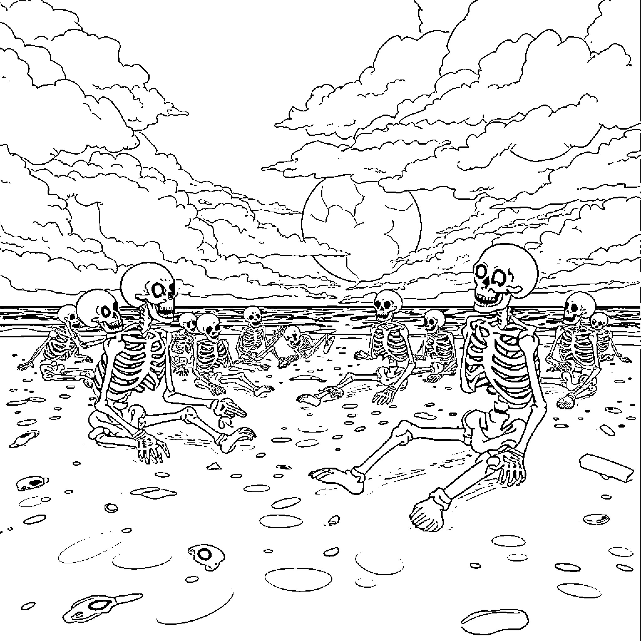 Skeleton Figures Dancing on the Beach Under a Cloudy Sky Coloring Page (free black-and-white line drawing printable PDF for all, from beginners to advanced learners, including children, teens, adults, and seniors)