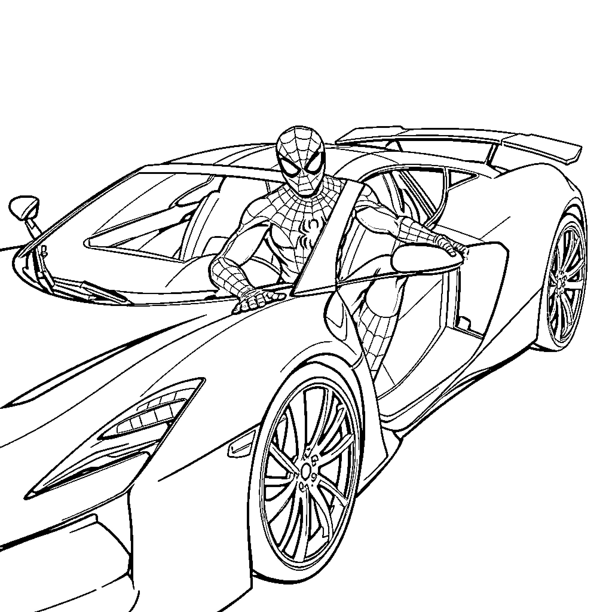 Spiderman swinging through the city on a futuristic vehicle Coloring Page (free black-and-white line drawing printable PDF for all, from beginners to advanced learners, including children, teens, adults, and seniors)