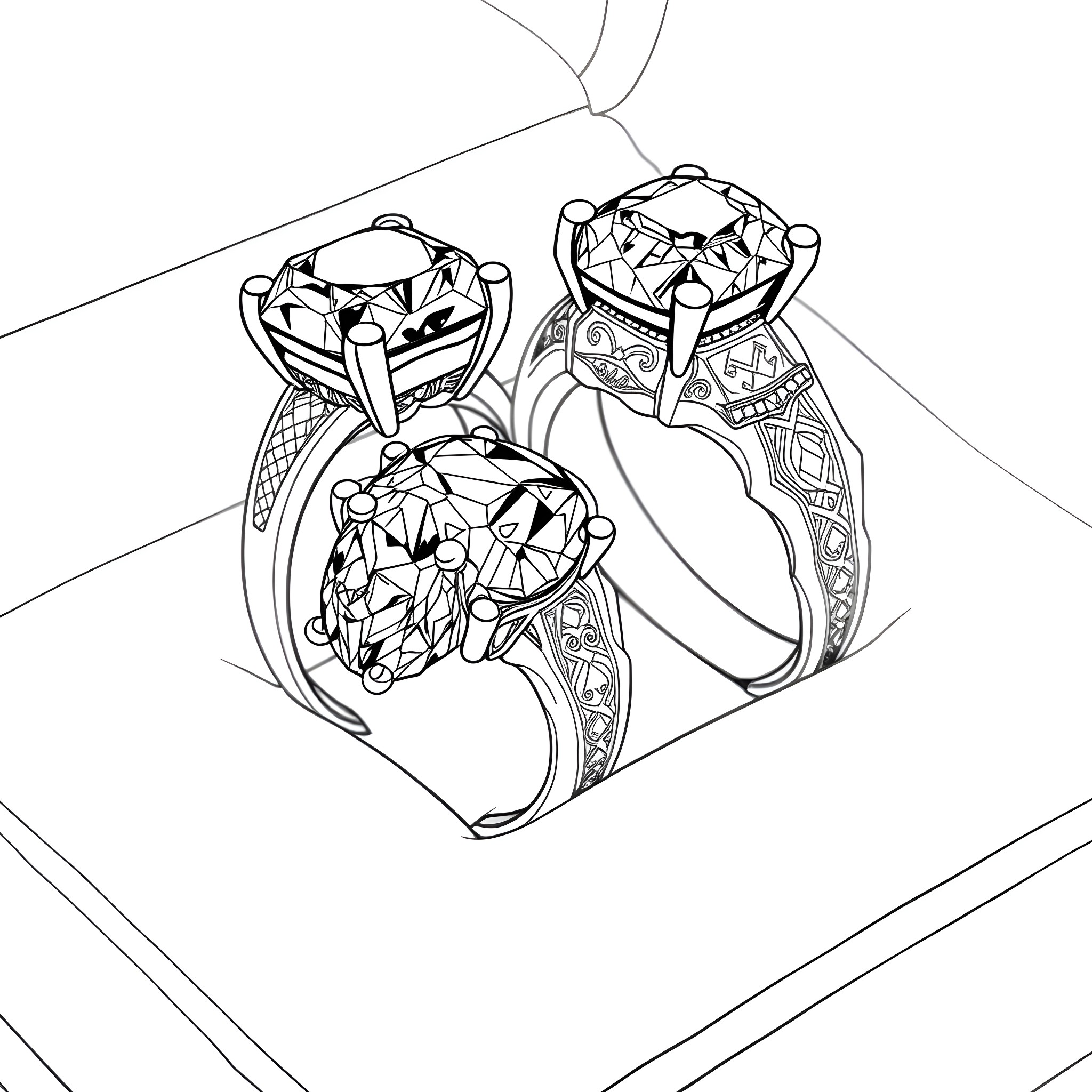 Gemstone Rings with Ornamental Designs Coloring Page (free black-and-white line drawing printable PDF for all, from beginners to advanced learners, including children, teens, adults, and seniors)