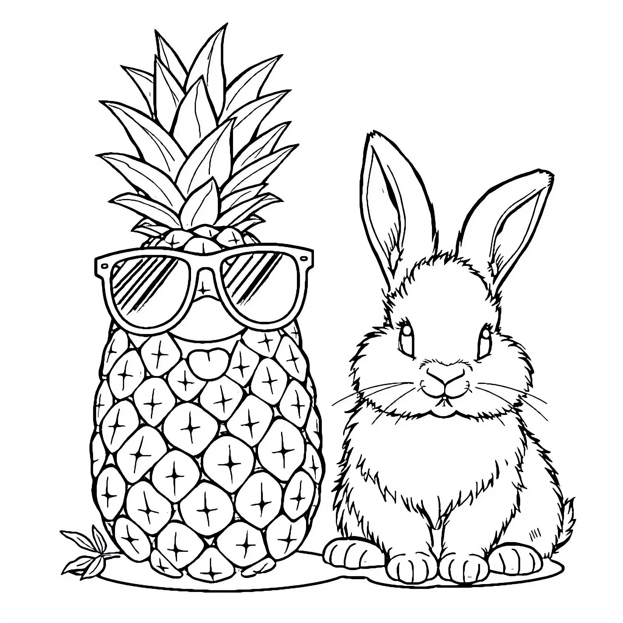 Pineapple and rabbit with sunglasses Coloring Page (free black-and-white line drawing printable PDF for all, from beginners to advanced learners, including children, teens, adults, and seniors)