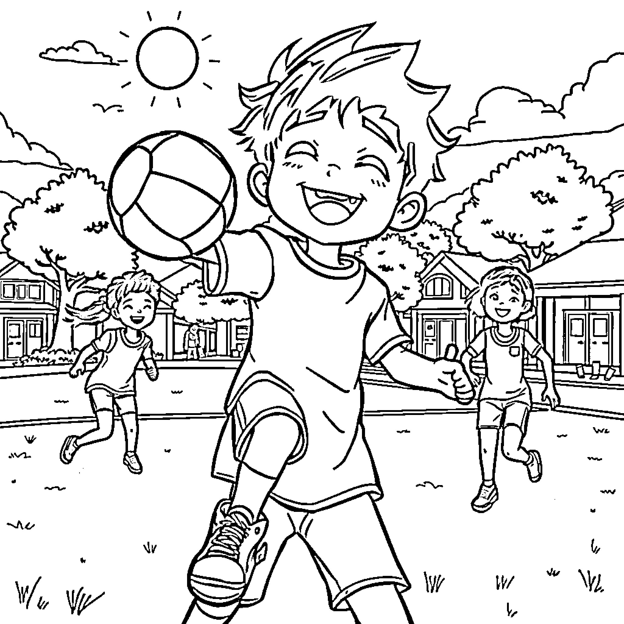 Desmond plays joyfully with friends in the park Coloring Page (free black-and-white line drawing printable PDF for all, from beginners to advanced learners, including children, teens, adults, and seniors)