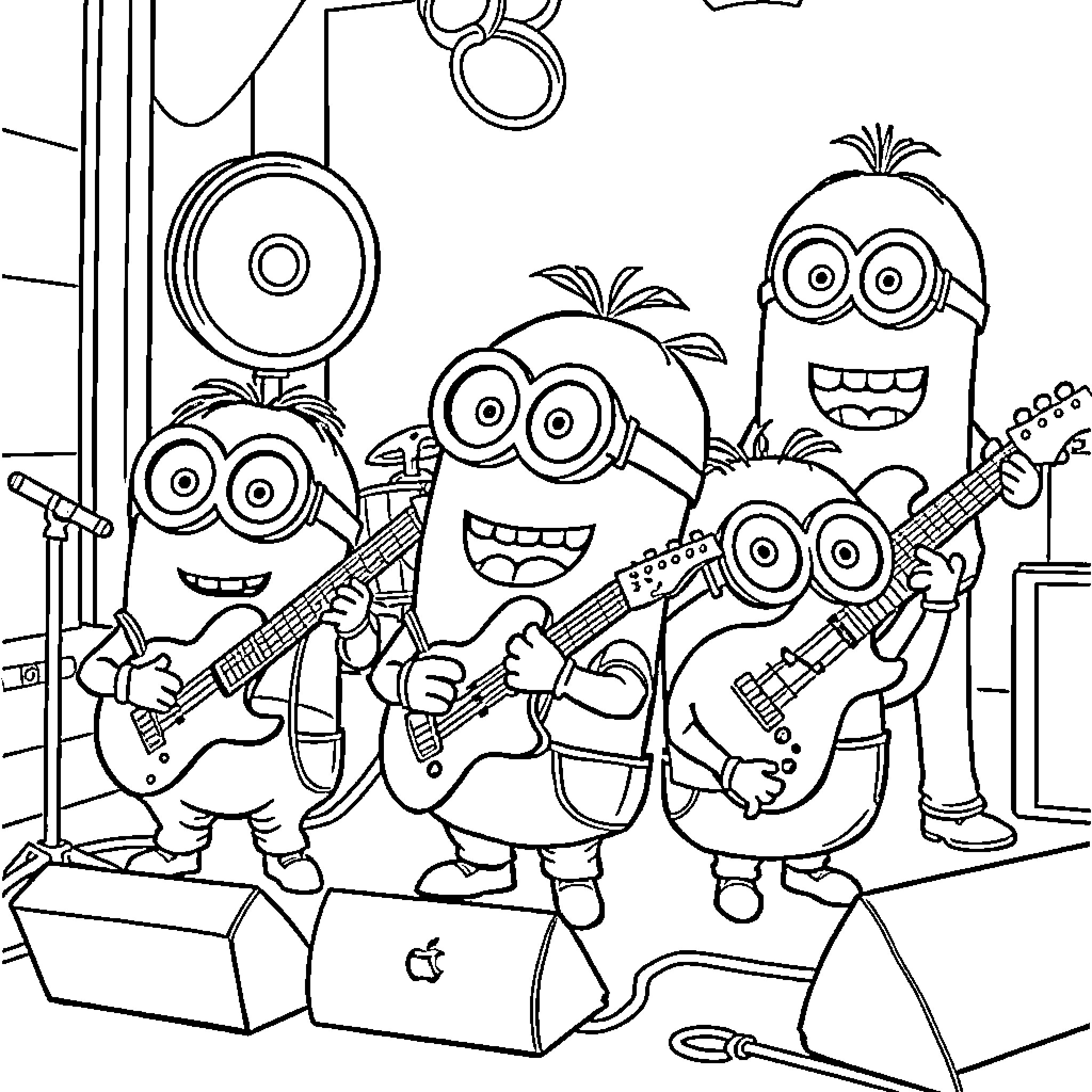 Minions performing on stage with musical instruments Coloring Page (free black-and-white line drawing printable PDF for all, from beginners to advanced learners, including children, teens, adults, and seniors)