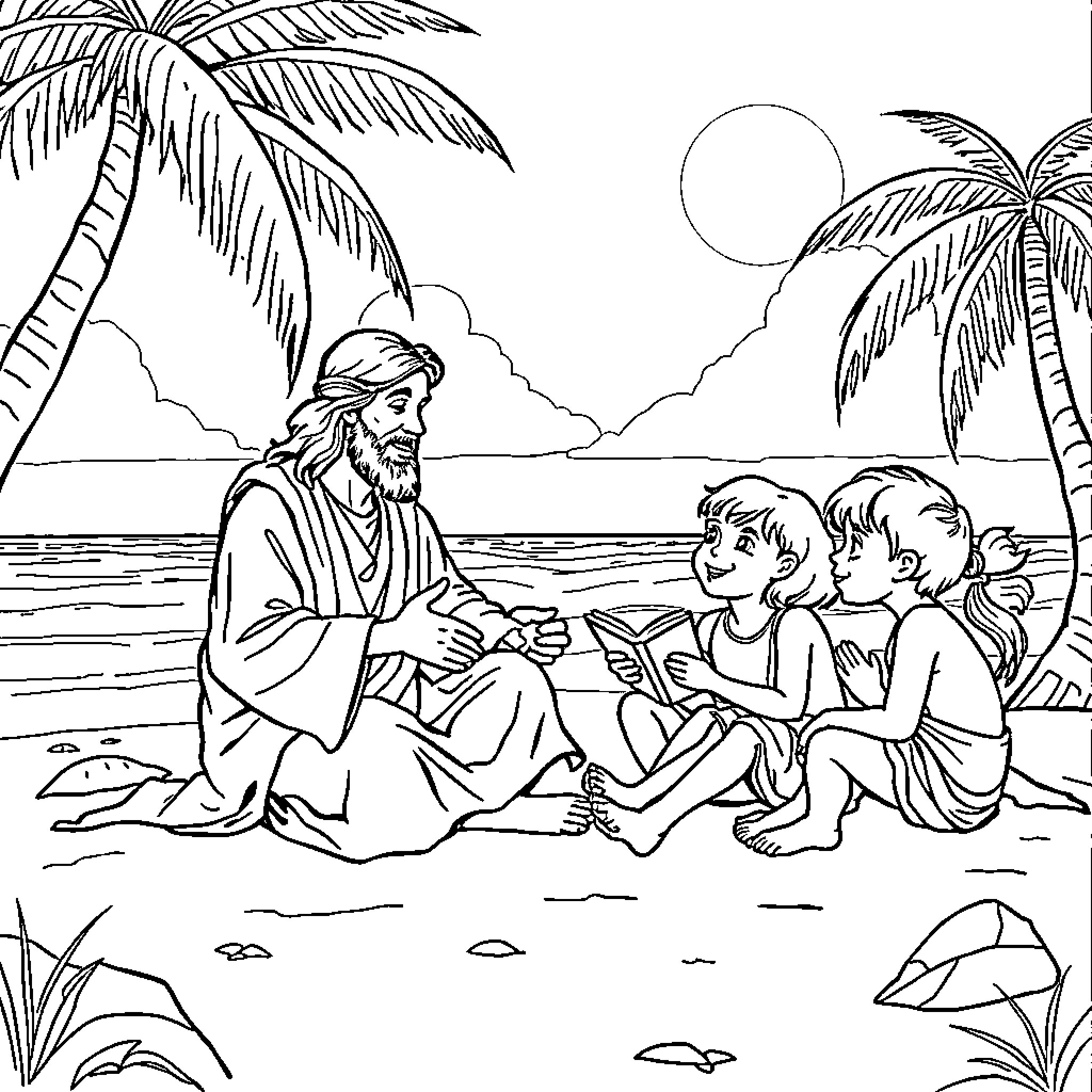 Jesus Teaching Children by the Seaside Coloring Page (free black-and-white line drawing printable PDF for all, from beginners to advanced learners, including children, teens, adults, and seniors)