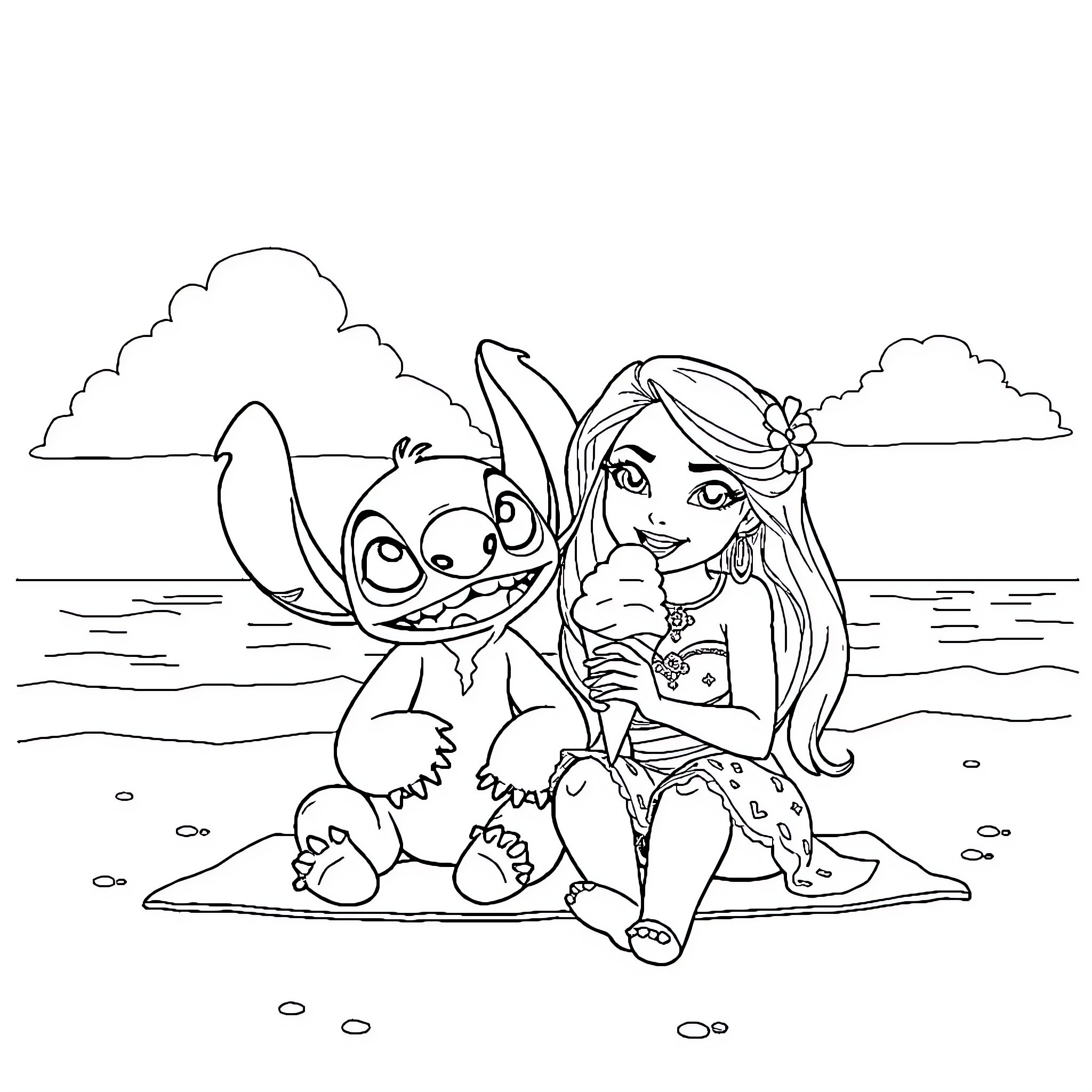 Stitch and Moana sharing a moment on the beach Coloring Page (free black-and-white line drawing printable PDF for all, from beginners to advanced learners, including children, teens, adults, and seniors)