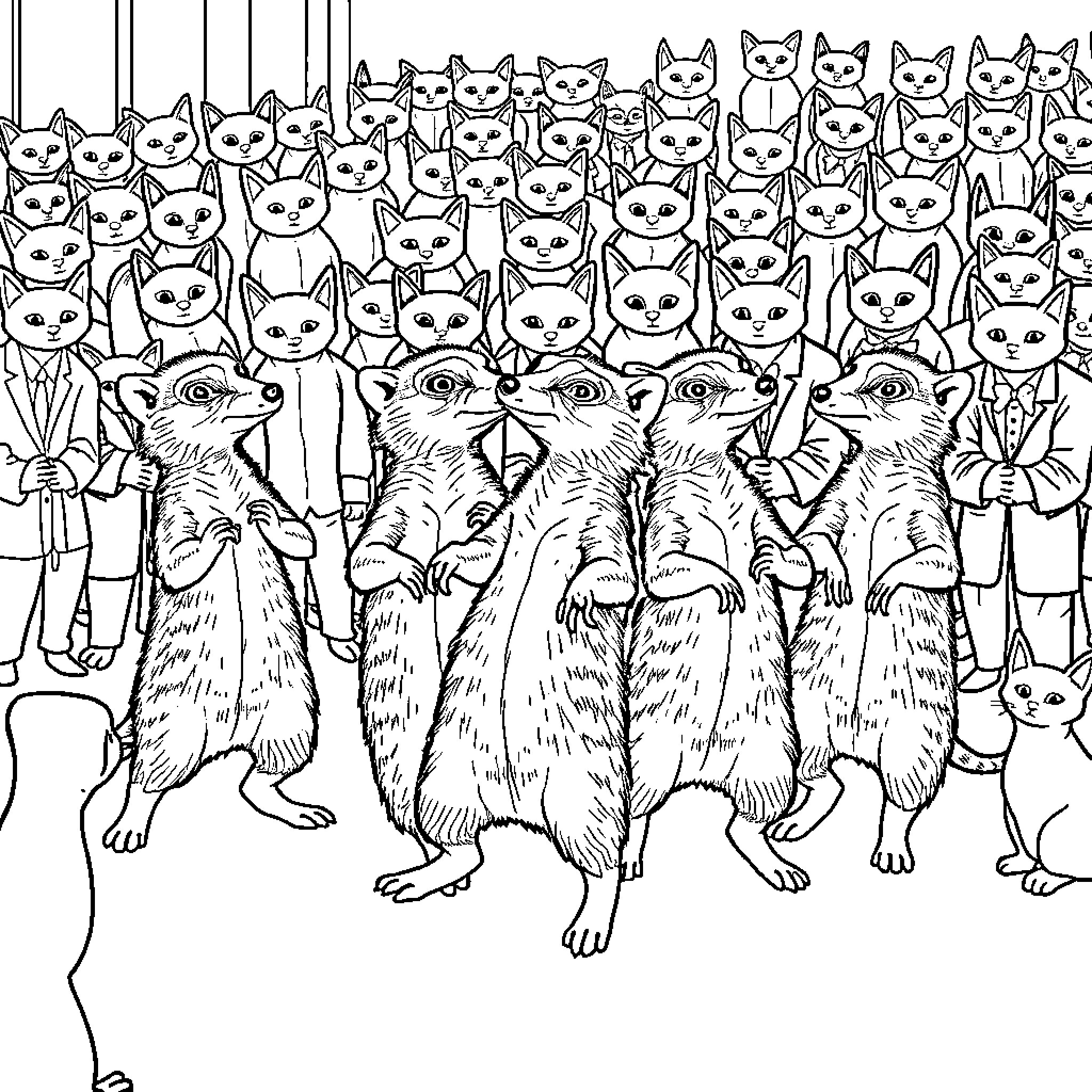 Aardvark army of cats in formal wear Coloring Page (free black-and-white line drawing printable PDF for all, from beginners to advanced learners, including children, teens, adults, and seniors)