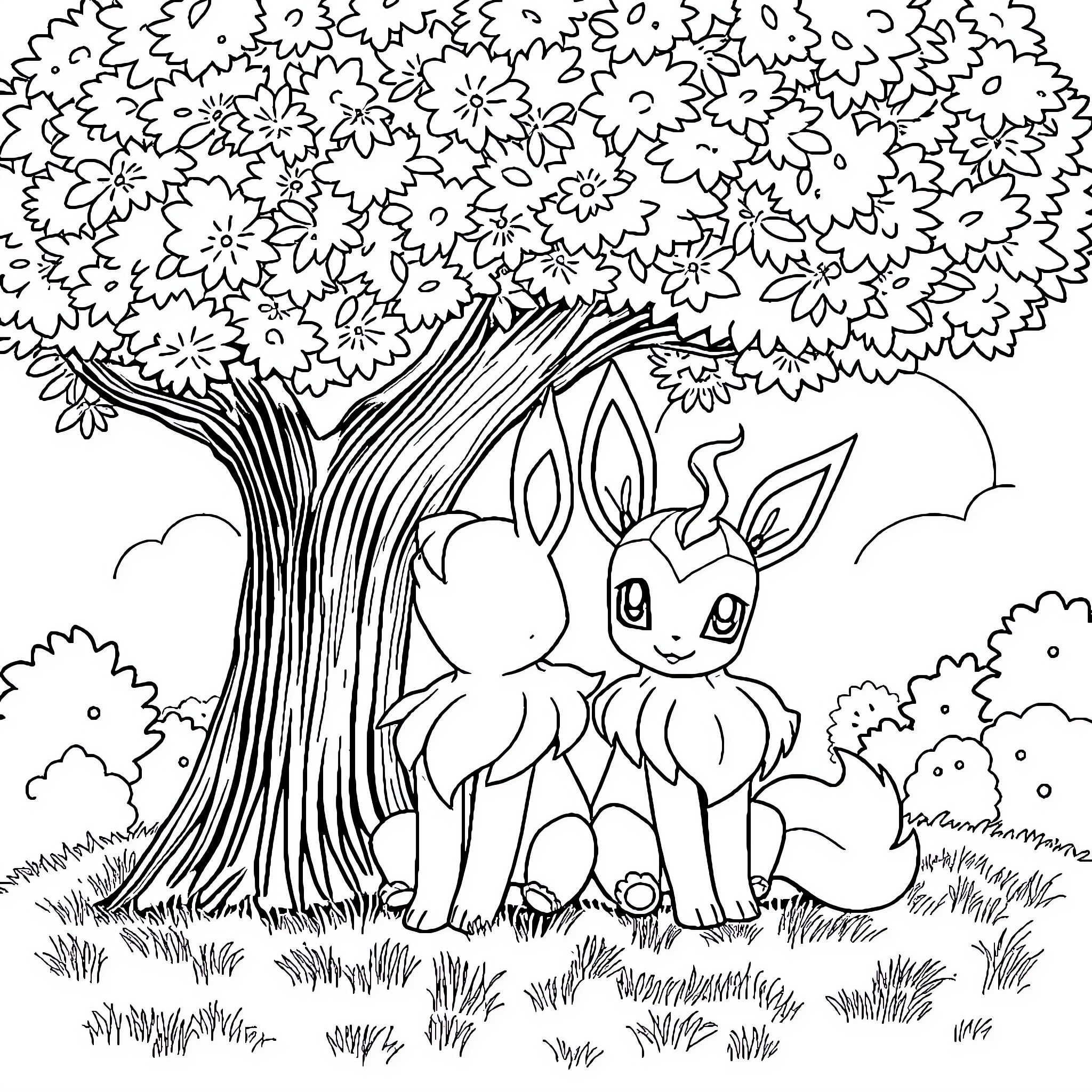 Sylveon playing under blooming tree Coloring Page (free black-and-white line drawing printable PDF for all, from beginners to advanced learners, including children, teens, adults, and seniors)