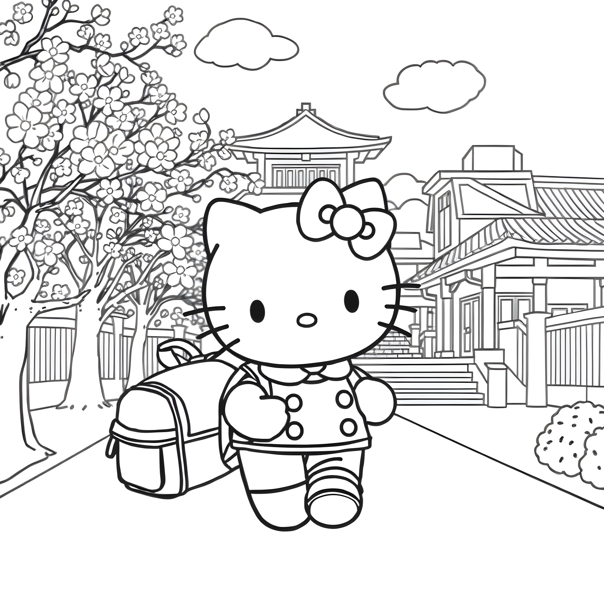 Hello Kitty Exploring the Japanese Scenery Coloring Page (free black-and-white line drawing printable PDF for all, from beginners to advanced learners, including children, teens, adults, and seniors)
