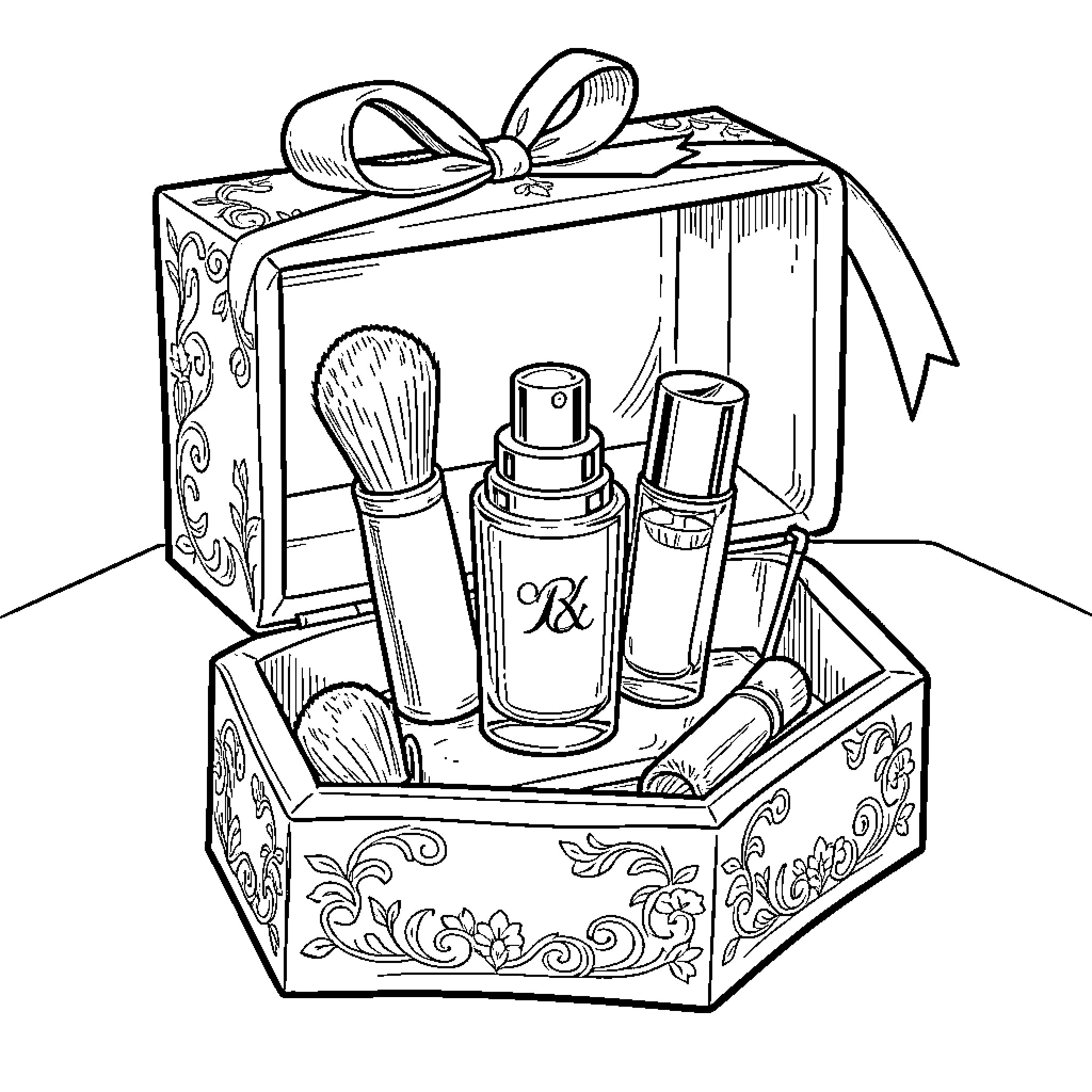 Beauty Product collection displayed in a decorative gift box Coloring Page (free black-and-white line drawing printable PDF for all, from beginners to advanced learners, including children, teens, adults, and seniors)