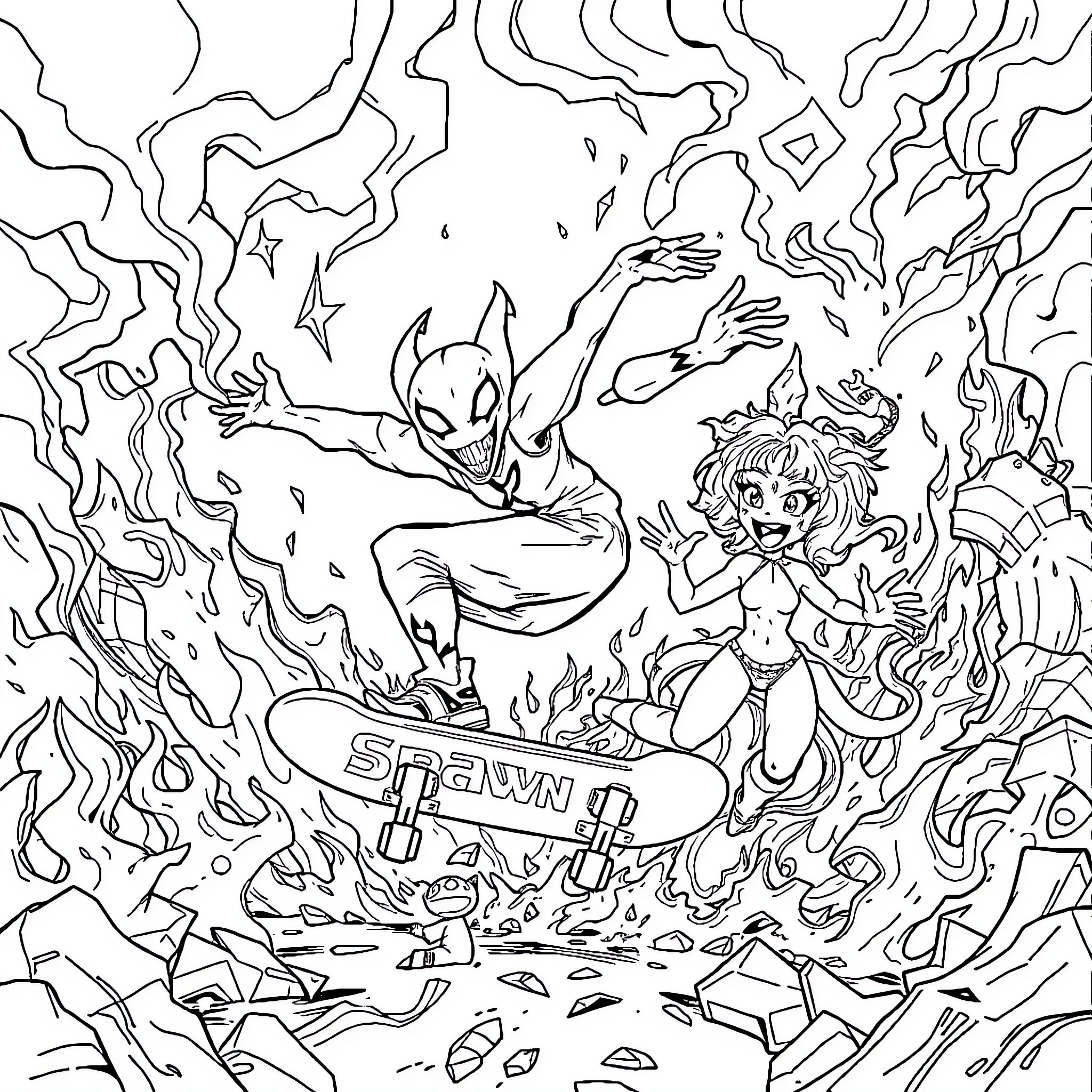 Spawn engaging in intense action with fiery surroundings Coloring Page (free black-and-white line drawing printable PDF for all, from beginners to advanced learners, including children, teens, adults, and seniors)