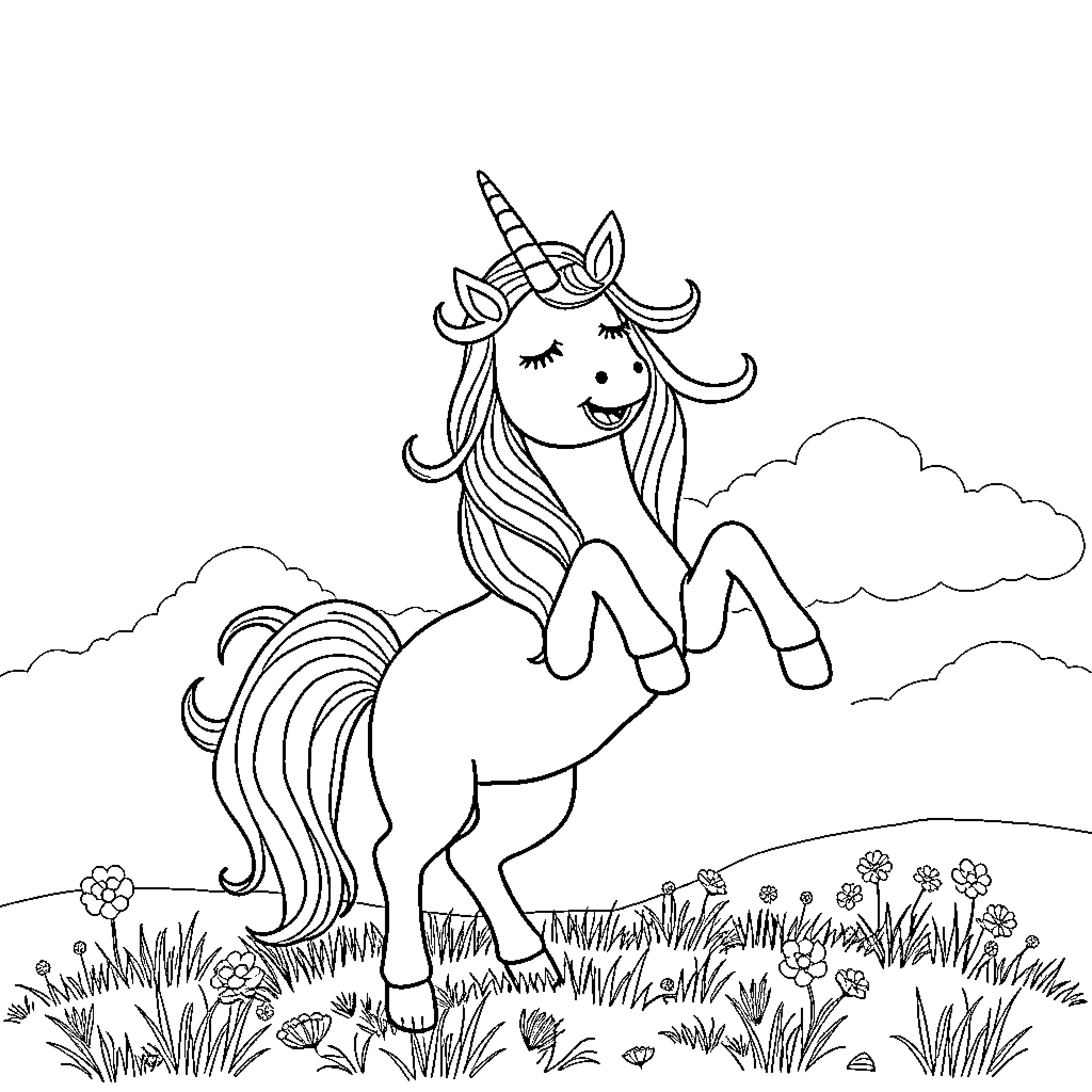Unicorn playing happily in the meadow Coloring Page (free black-and-white line drawing printable PDF for all, from beginners to advanced learners, including children, teens, adults, and seniors)