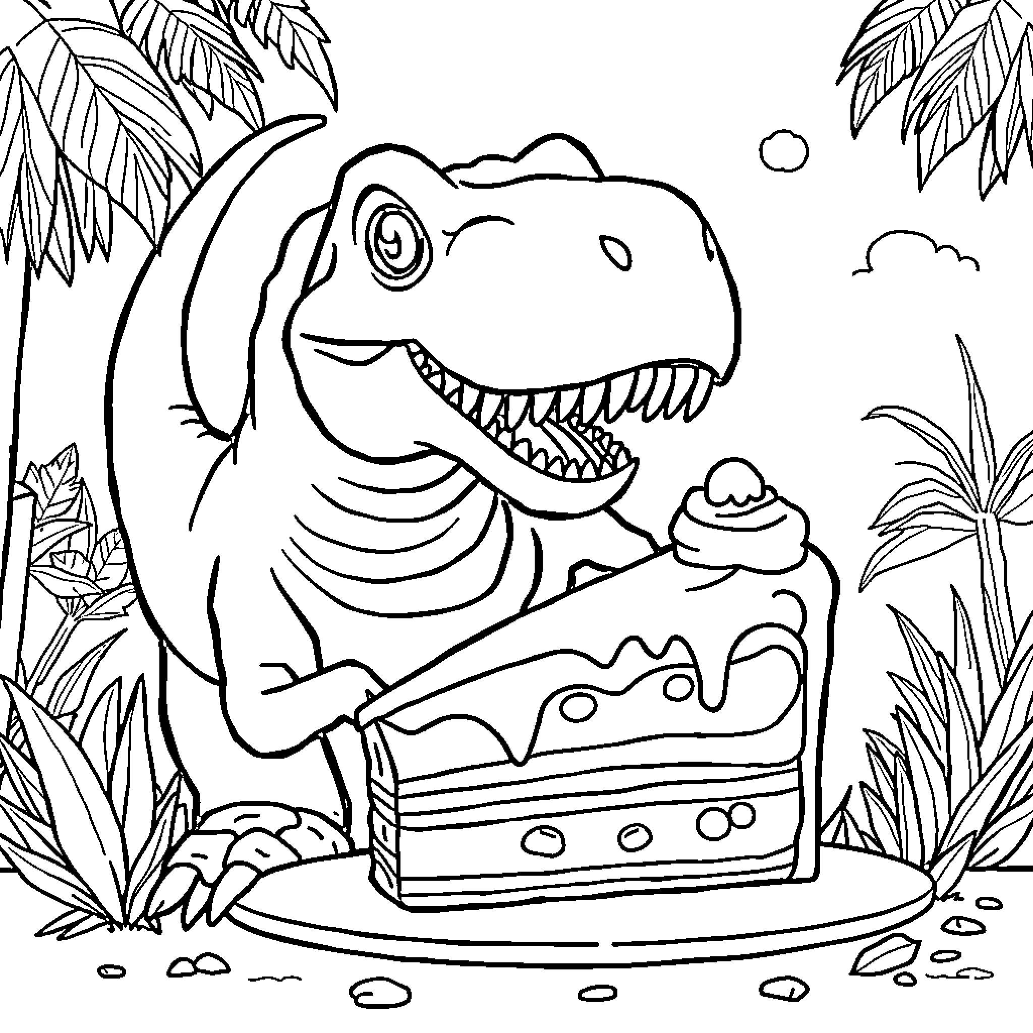 Dinosaur enjoying a delectable dessert in the jungle Coloring Page (free black-and-white line drawing printable PDF for all, from beginners to advanced learners, including children, teens, adults, and seniors)