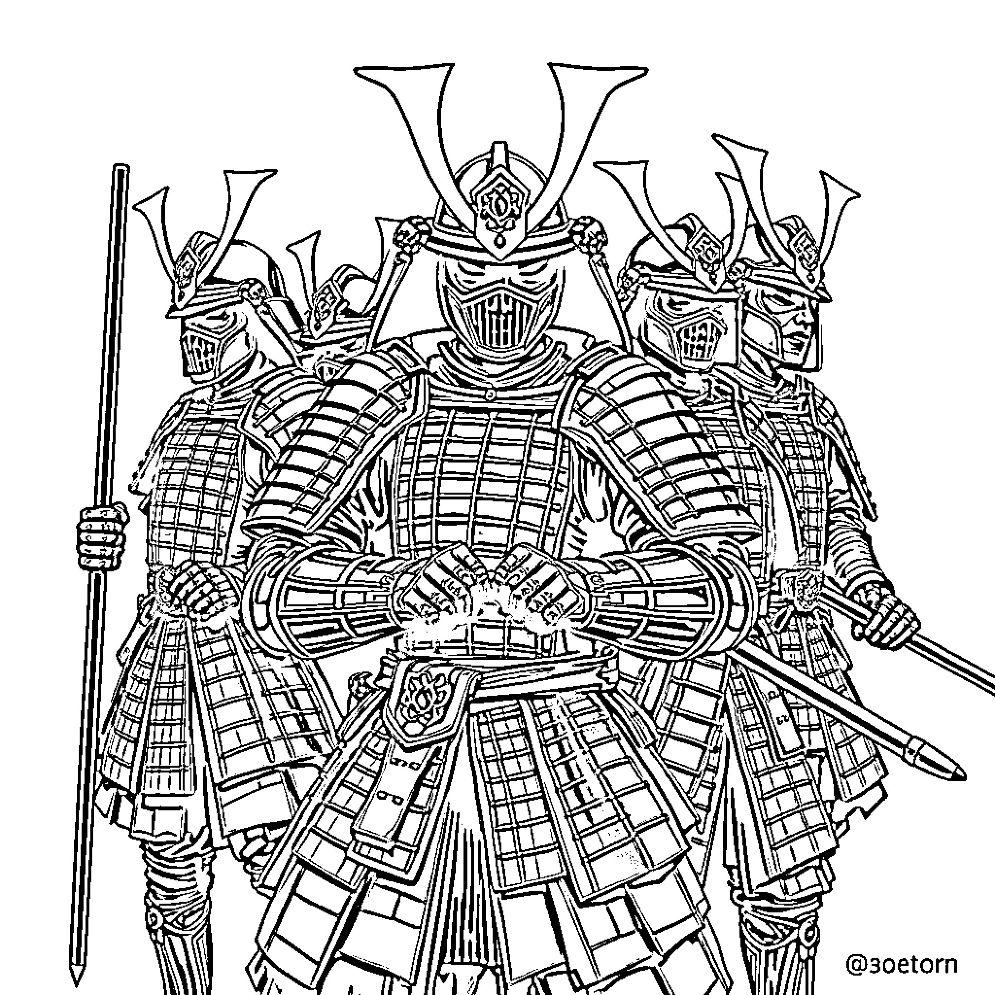 Samurai warriors in formidable battle gear Coloring Page (free black-and-white line drawing printable PDF for all, from beginners to advanced learners, including children, teens, adults, and seniors)