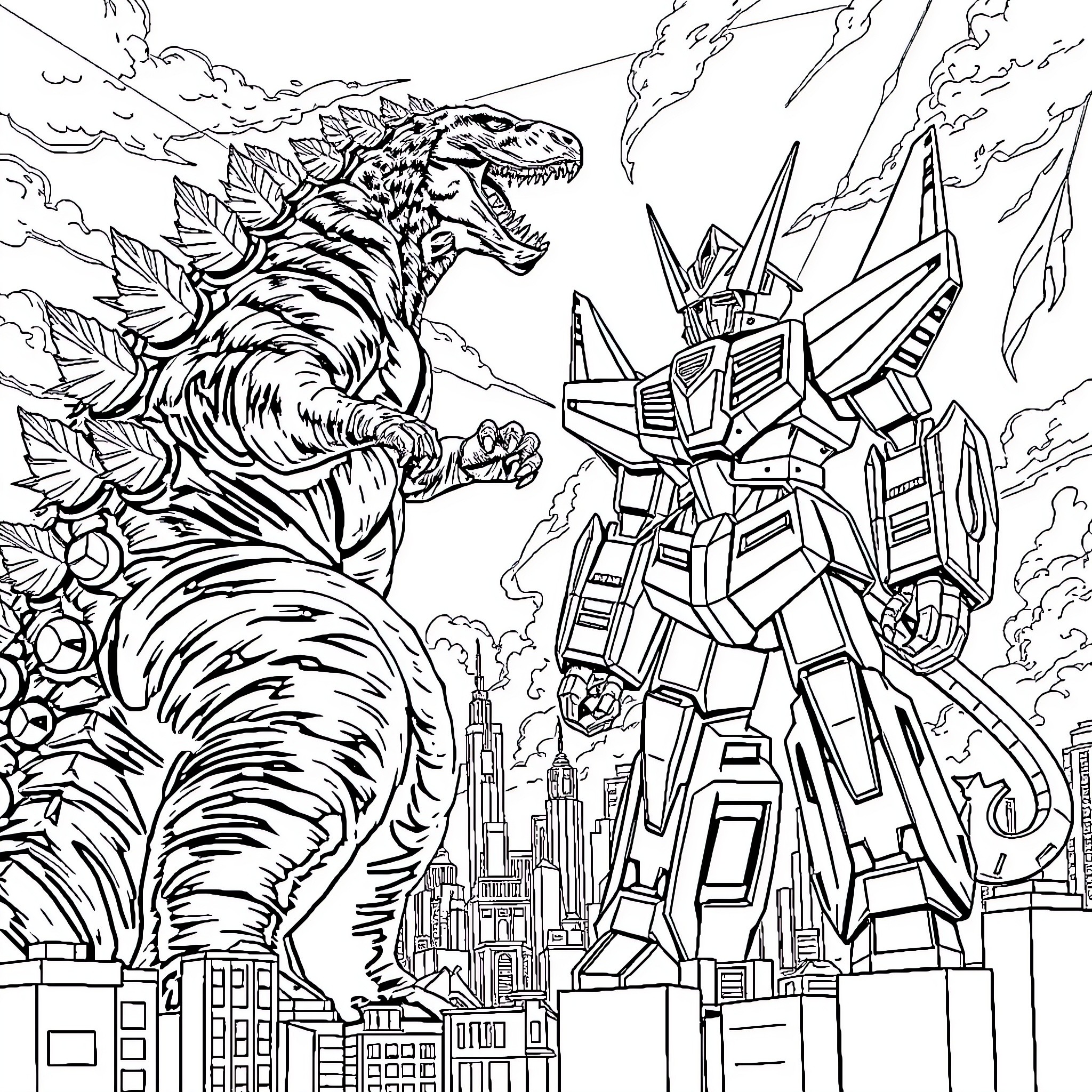 Godzilla confronts a giant robot in the city Coloring Page (free black-and-white line drawing printable PDF for all, from beginners to advanced learners, including children, teens, adults, and seniors)