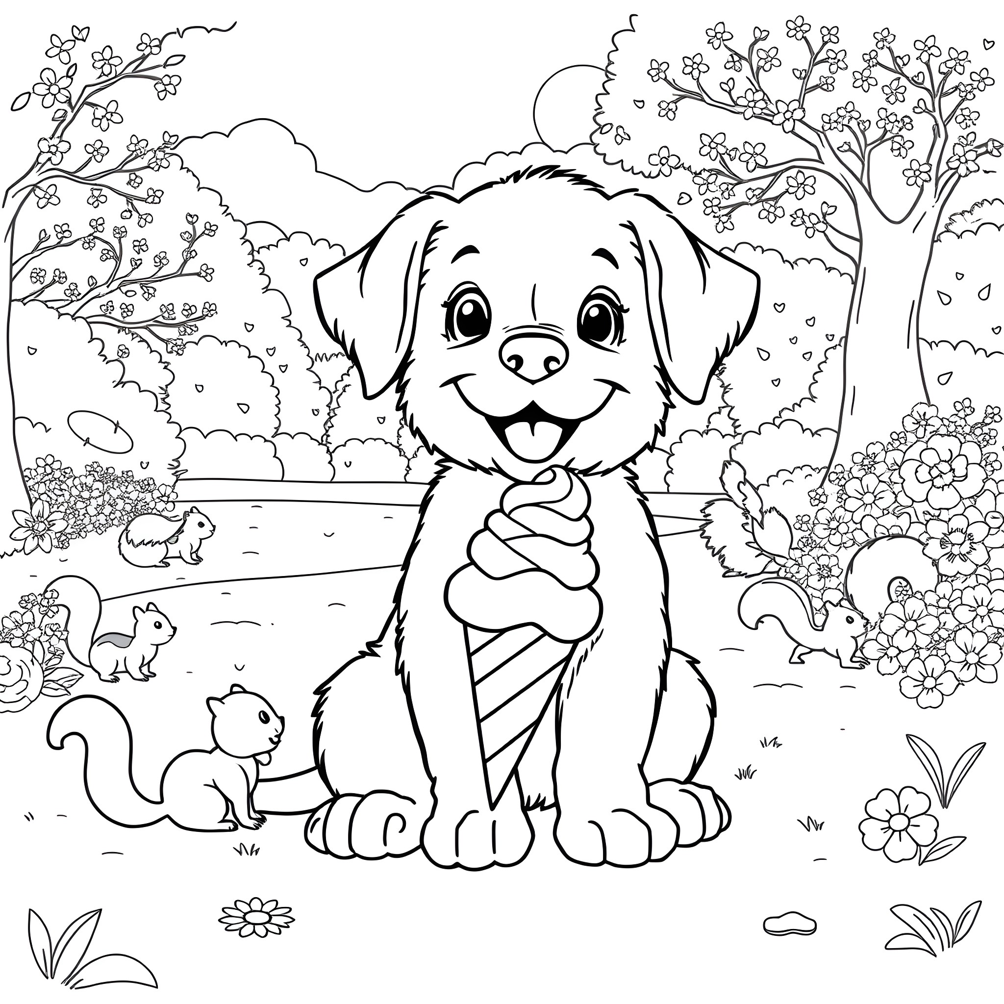 Puppy playing happily in the park Coloring Page (free black-and-white line drawing printable PDF for all, from beginners to advanced learners, including children, teens, adults, and seniors)