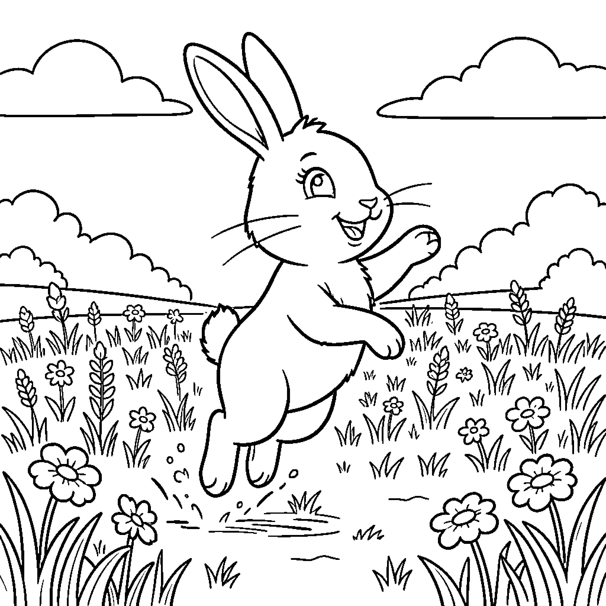 Rabbit jumping joyfully through a flowery meadow Coloring Page (free black-and-white line drawing printable PDF for all, from beginners to advanced learners, including children, teens, adults, and seniors)