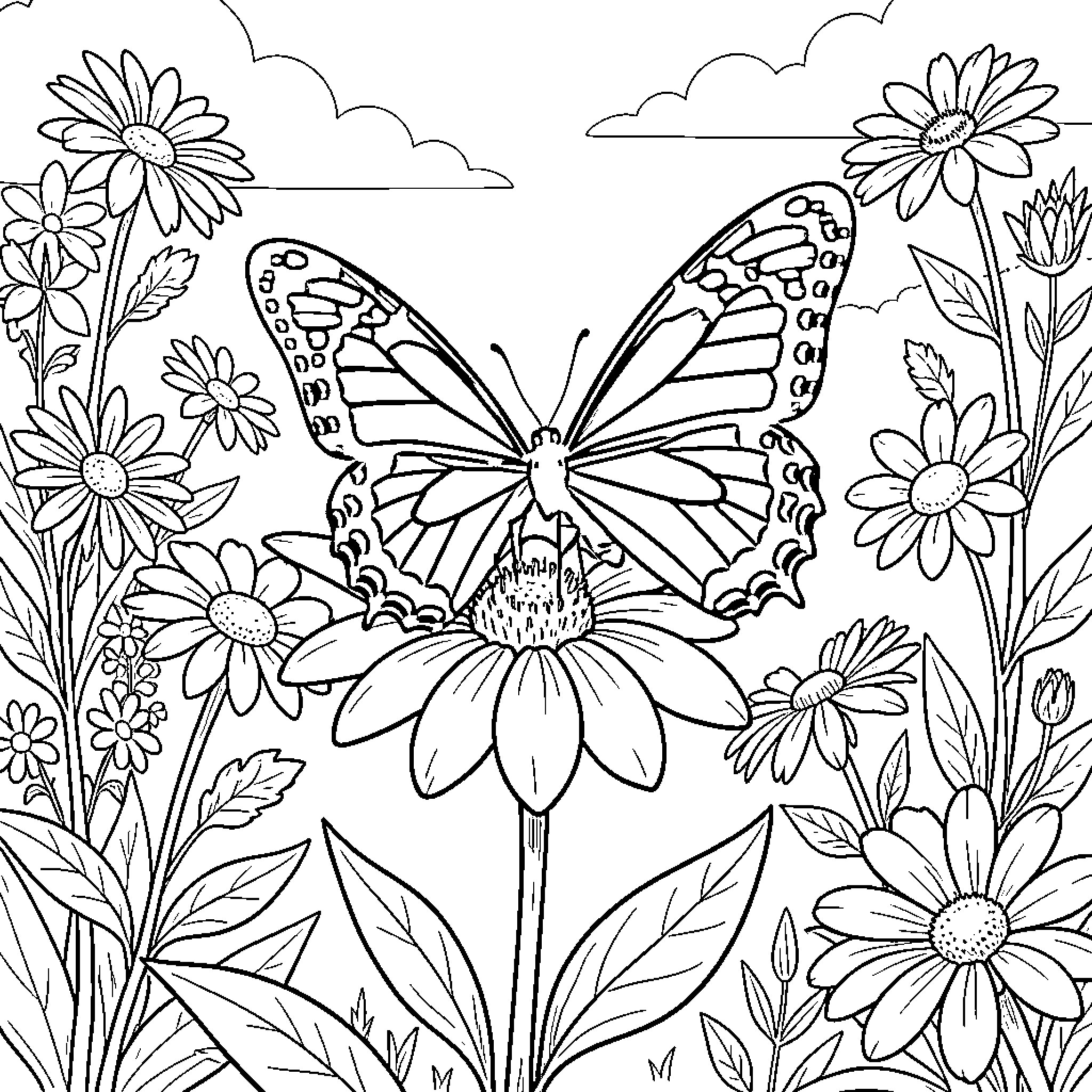Butterfly resting on a blooming flower in a garden Coloring Page (free black-and-white line drawing printable PDF for all, from beginners to advanced learners, including children, teens, adults, and seniors)