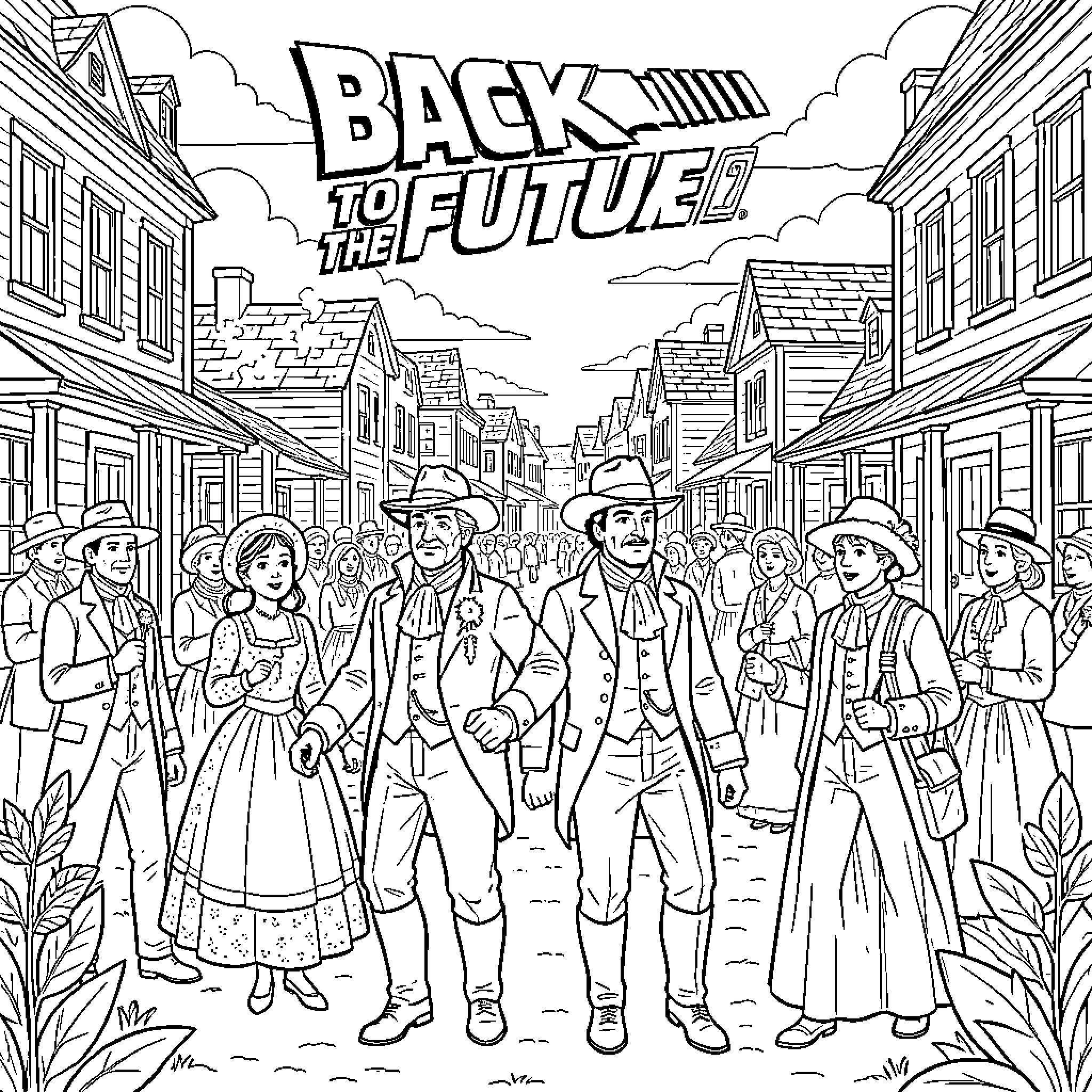 Future characters walking through a historic town street Coloring Page (free black-and-white line drawing printable PDF for all, from beginners to advanced learners, including children, teens, adults, and seniors)