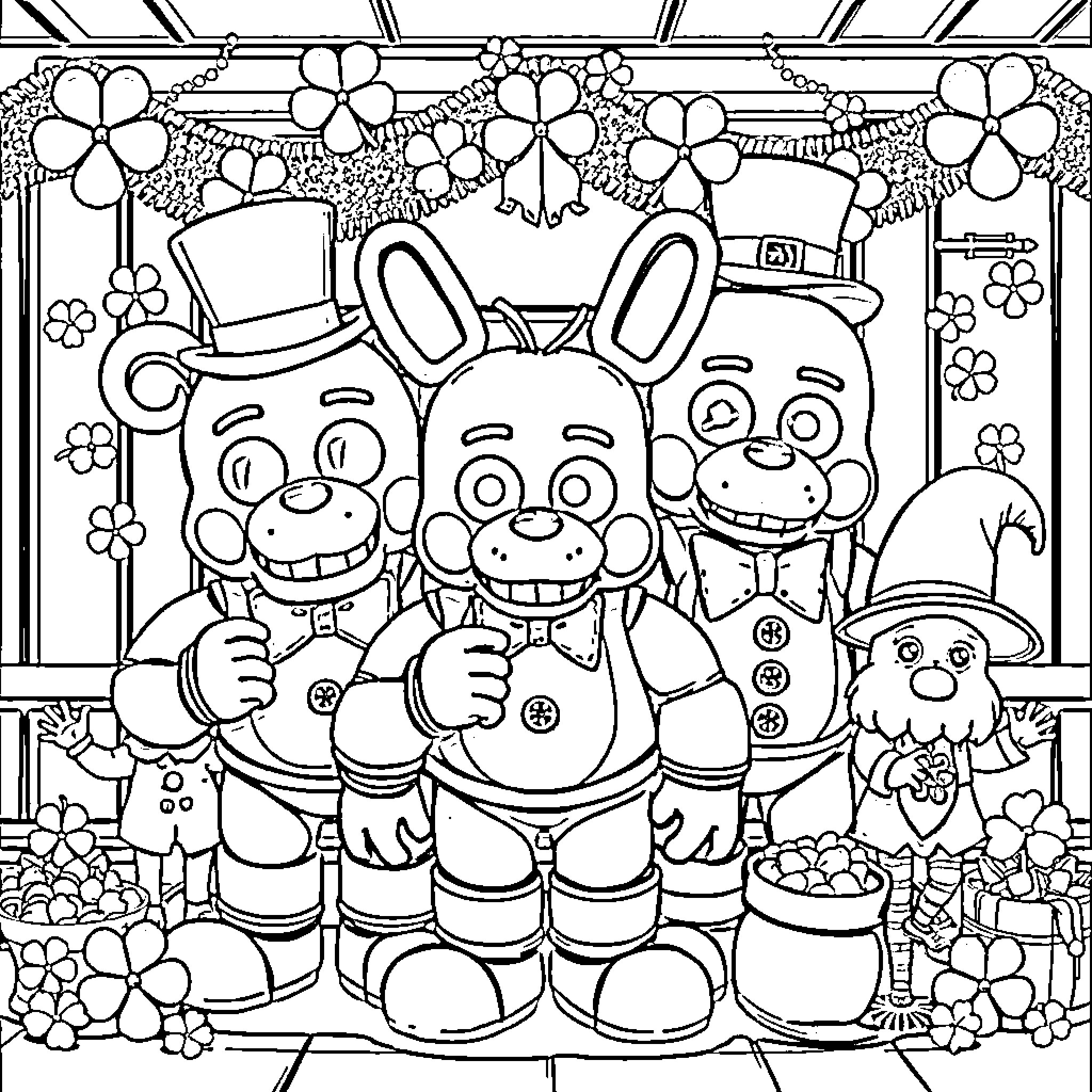 Freddy and Friends Celebrate in Floral Wonderland Coloring Page (free black-and-white line drawing printable PDF for all, from beginners to advanced learners, including children, teens, adults, and seniors)