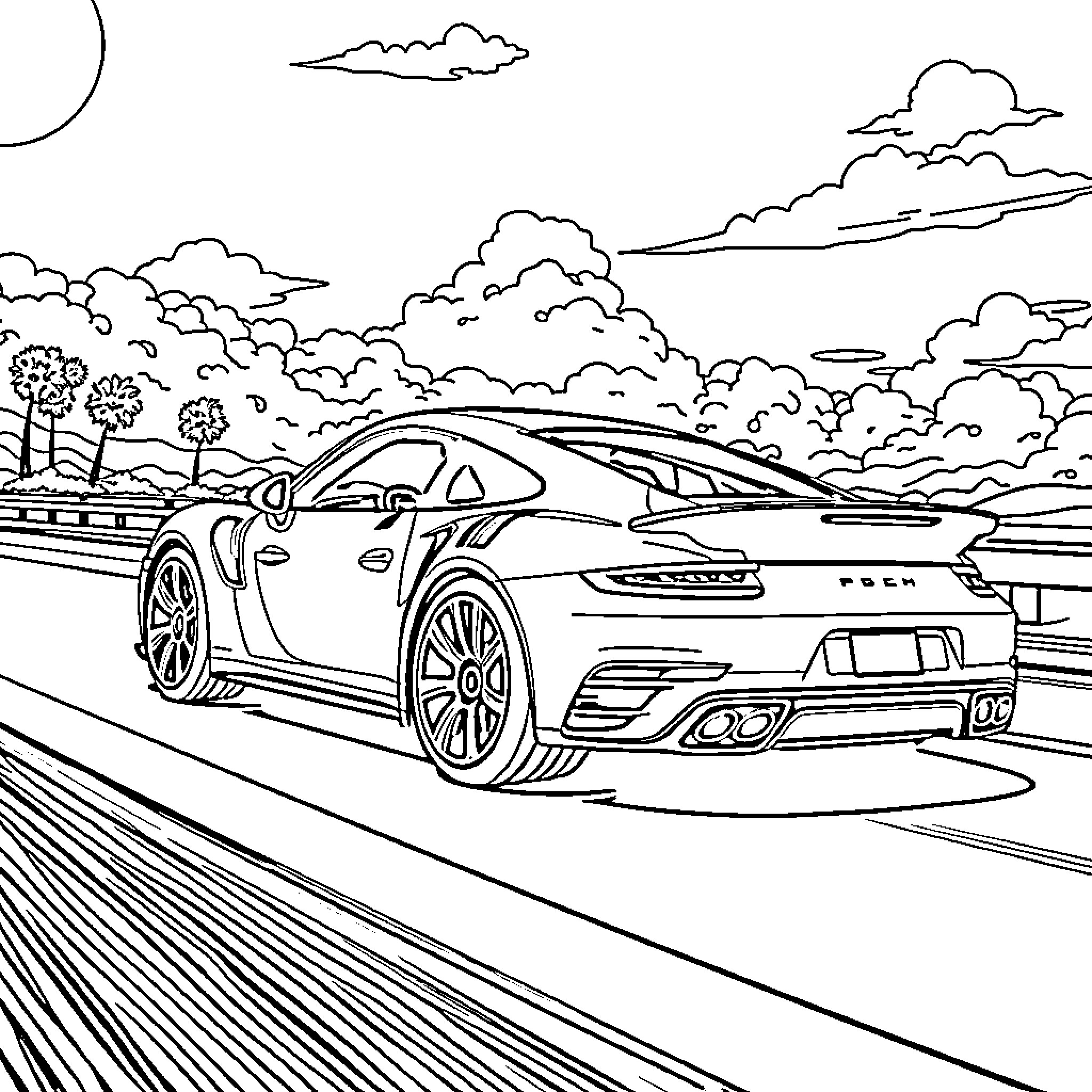 Porsche sports car speeding on the highway Coloring Page (free black-and-white line drawing printable PDF for all, from beginners to advanced learners, including children, teens, adults, and seniors)