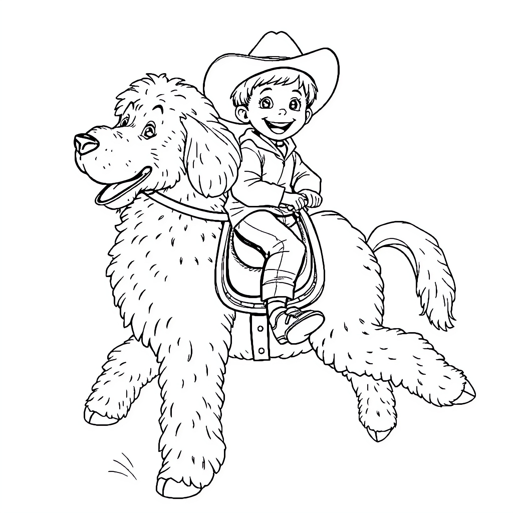 Kid riding a furry animal with excitement Coloring Page (free black-and-white line drawing printable PDF for all, from beginners to advanced learners, including children, teens, adults, and seniors)