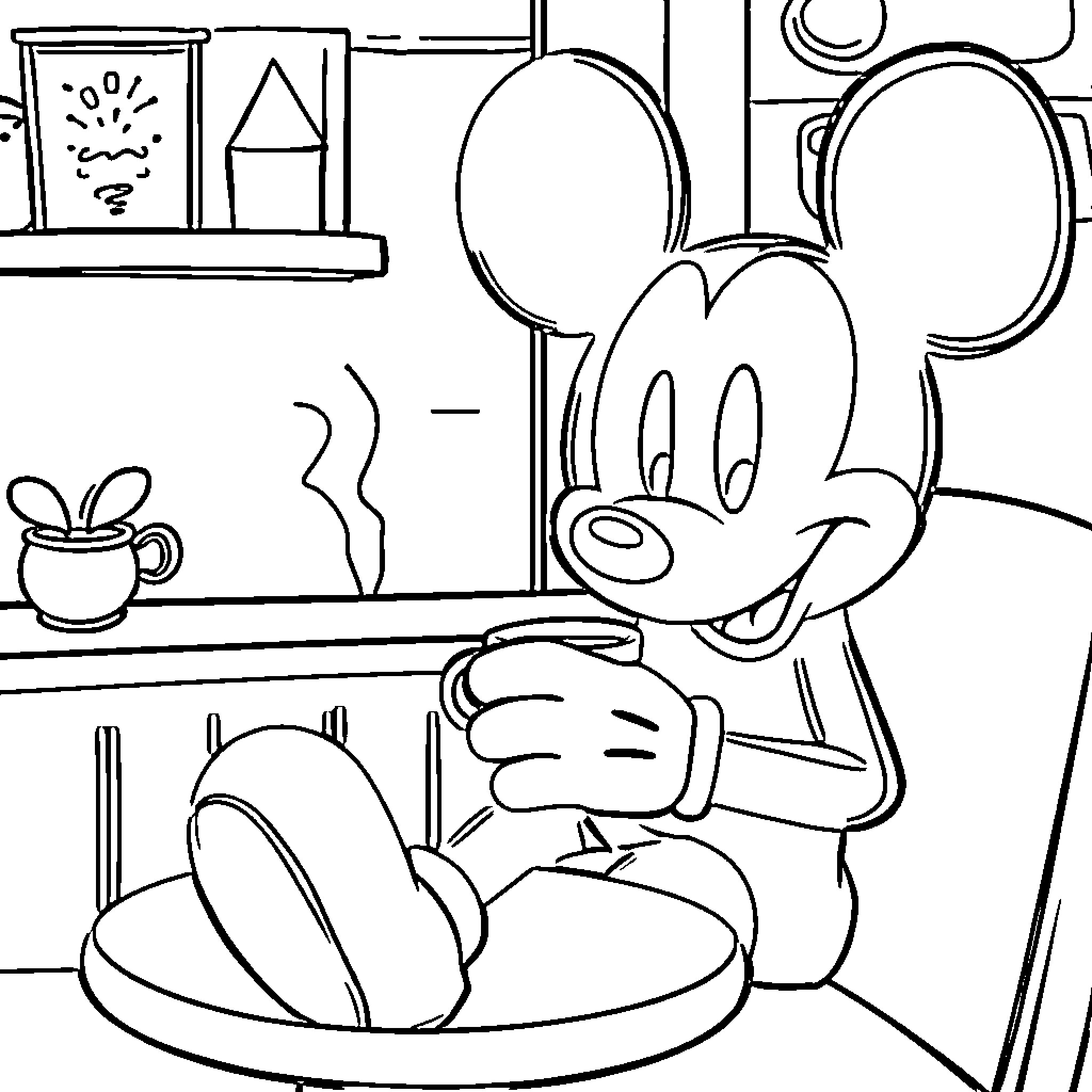 Mickey enjoying a snack in the kitchen Coloring Page (free black-and-white line drawing printable PDF for all, from beginners to advanced learners, including children, teens, adults, and seniors)