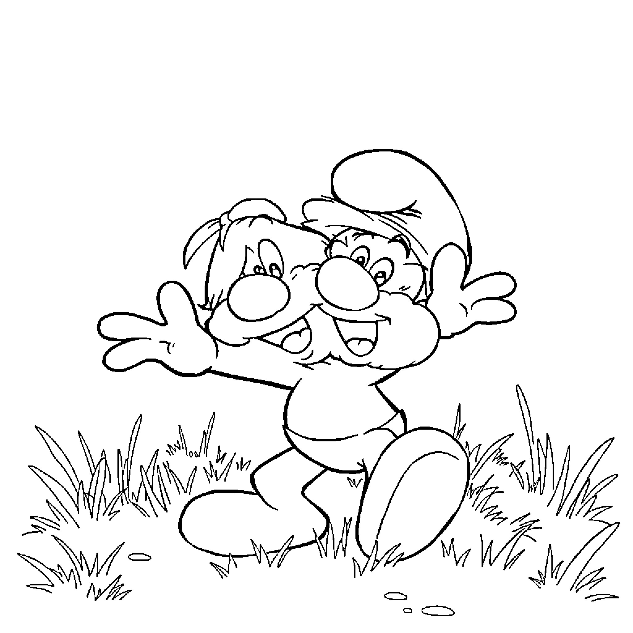 Papa Smurf enjoying the outdoors happily Coloring Page (free black-and-white line drawing printable PDF for all, from beginners to advanced learners, including children, teens, adults, and seniors)