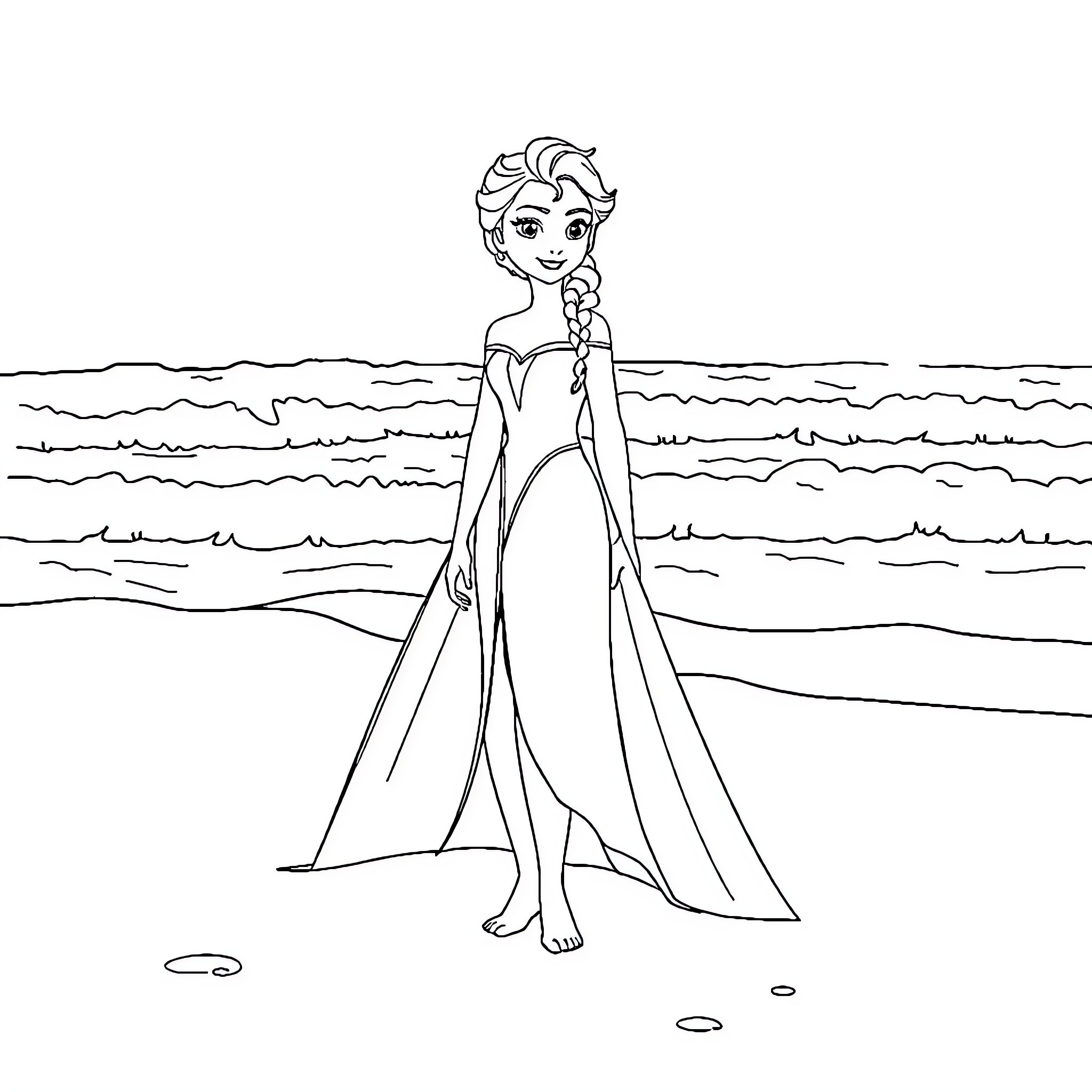 Elsa enjoying a sunny day at the beach Coloring Page (free black-and-white line drawing printable PDF for all, from beginners to advanced learners, including children, teens, adults, and seniors)