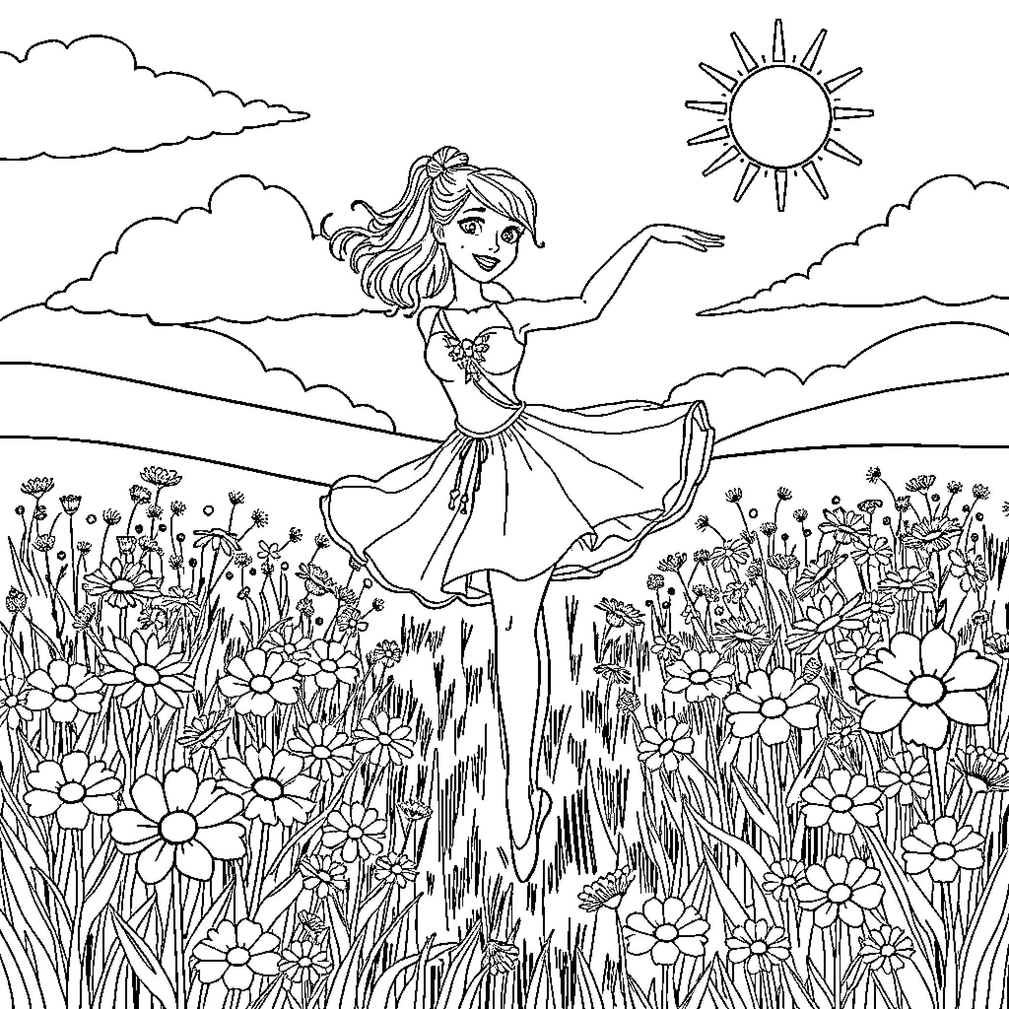 Ballerina gracefully dancing in a field of flowers Coloring Page (free black-and-white line drawing printable PDF for all, from beginners to advanced learners, including children, teens, adults, and seniors)