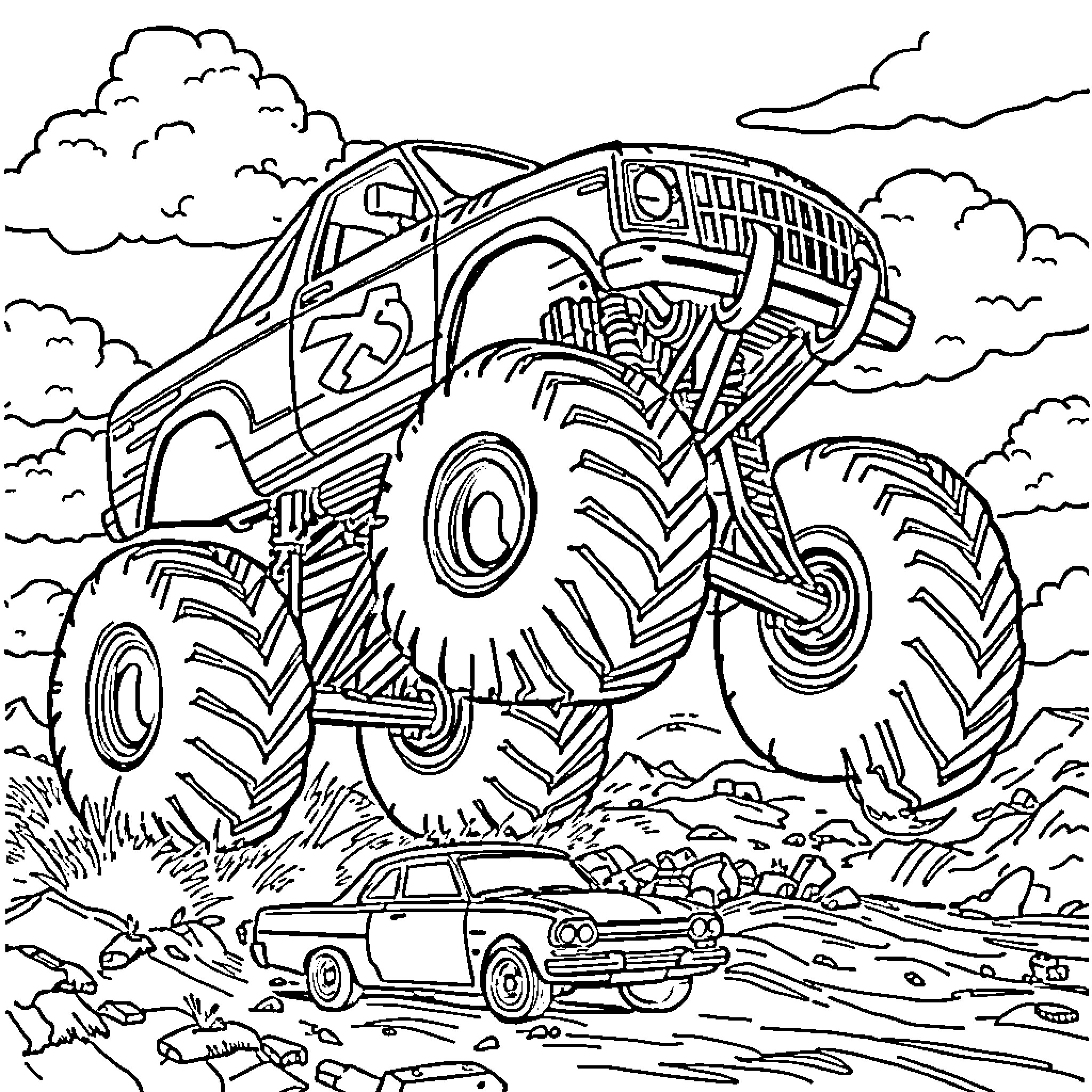 Monster Truck Crushing Cars in Muddy Terrain Coloring Page (free black-and-white line drawing printable PDF for all, from beginners to advanced learners, including children, teens, adults, and seniors)