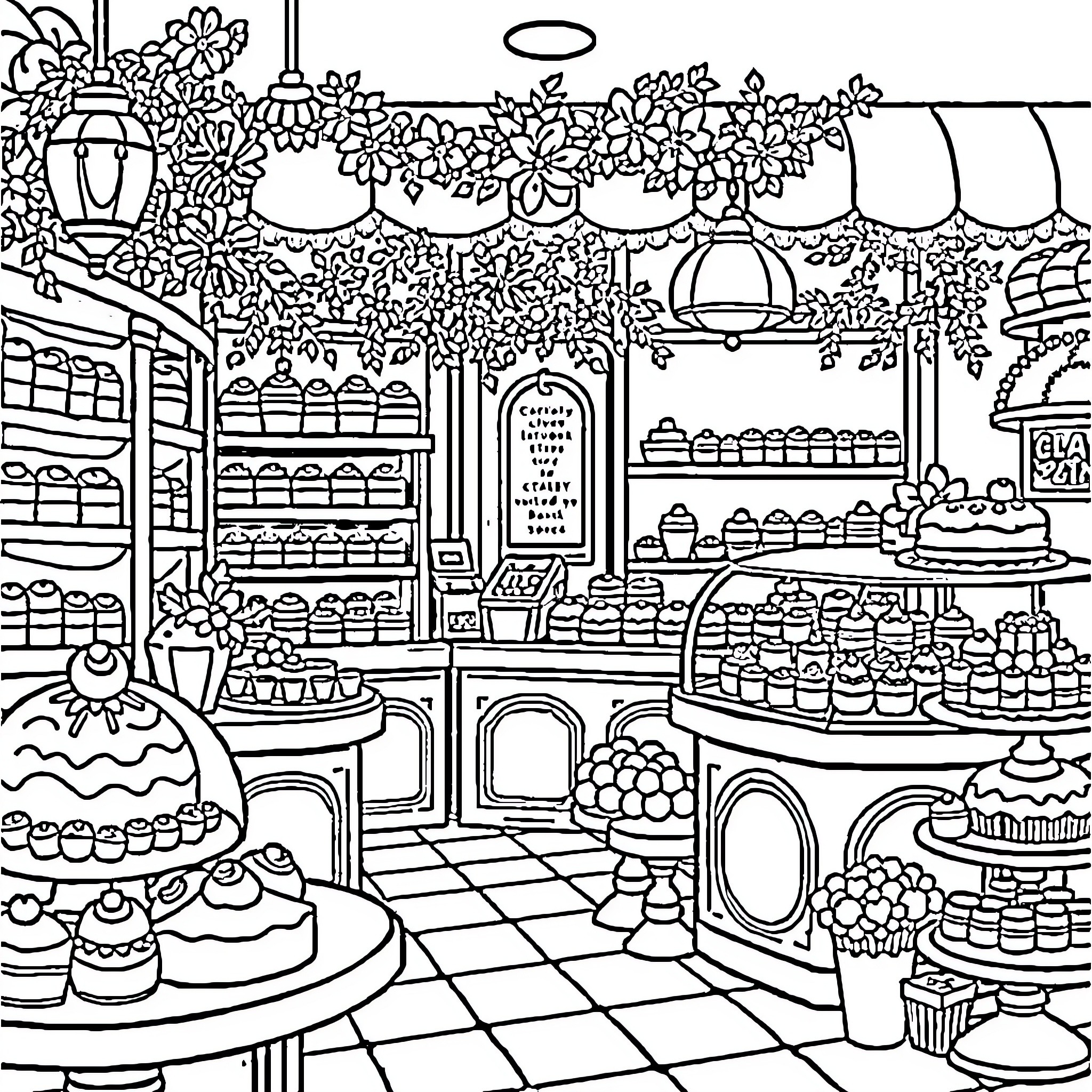 Bear-themed Bakery with Whimsical Decor Coloring Page (free black-and-white line drawing printable PDF for all, from beginners to advanced learners, including children, teens, adults, and seniors)