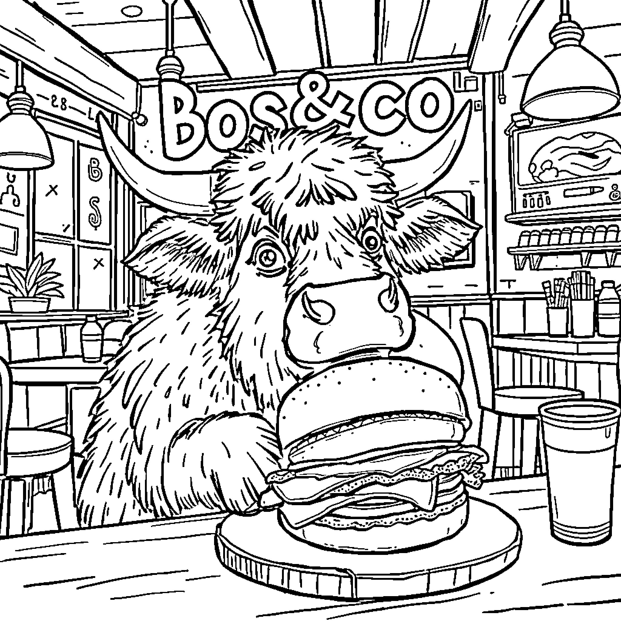 Highland Cow enjoying a hearty burger in a diner Coloring Page (free black-and-white line drawing printable PDF for all, from beginners to advanced learners, including children, teens, adults, and seniors)